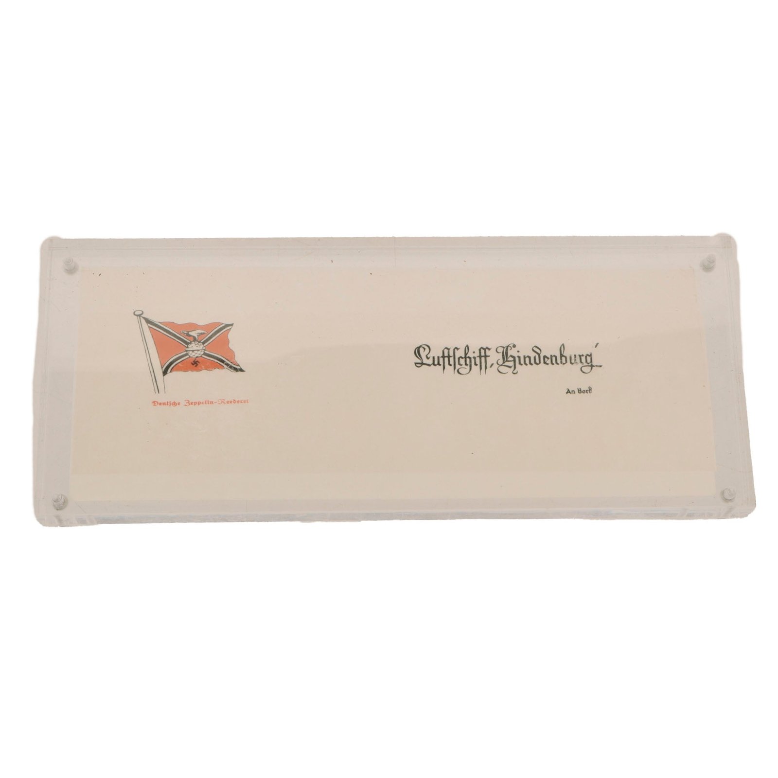 Original German Pre-WWII LZ 129 Hindenburg Stationary Letterhead in Plexiglass Case - 3 3/4 x 9”