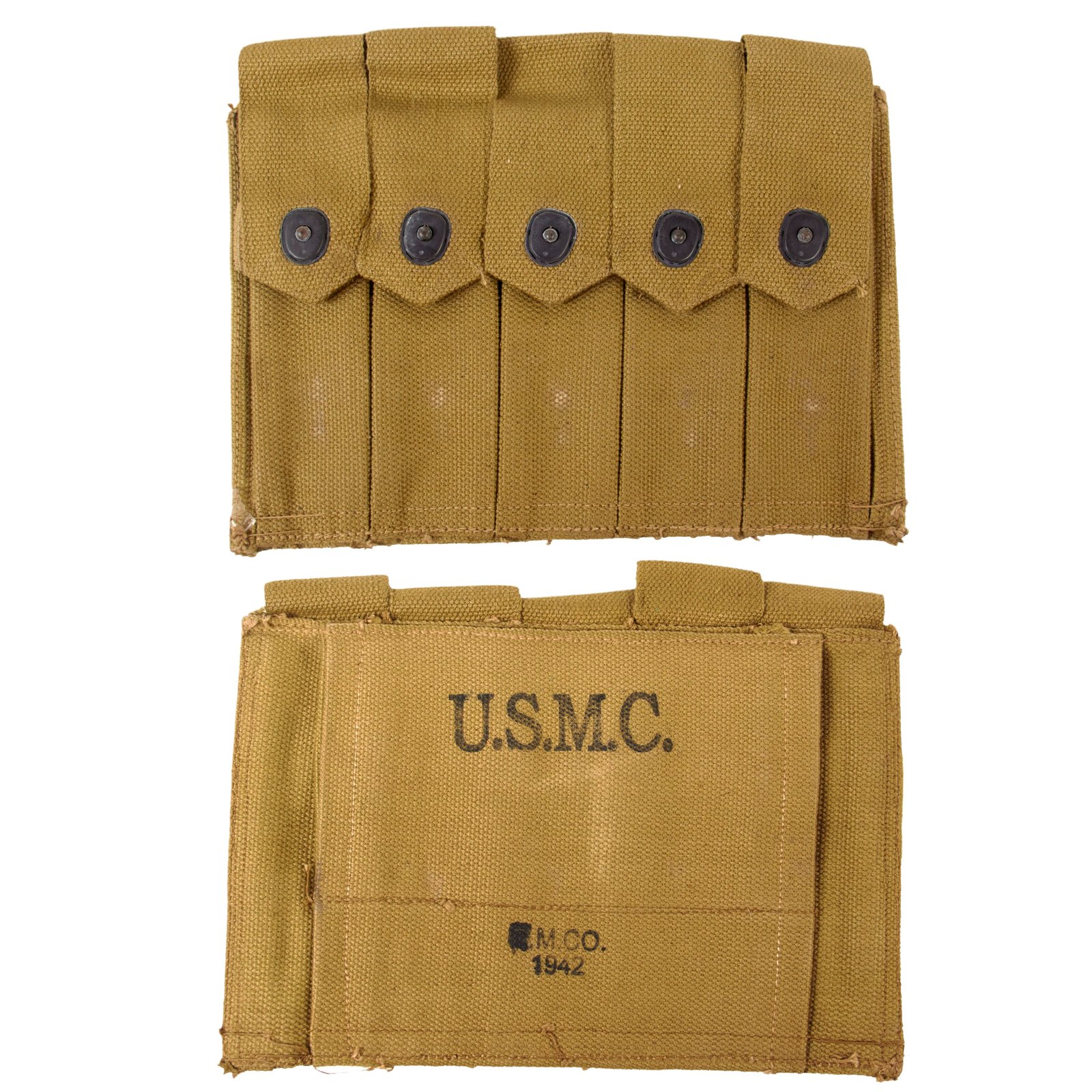 Original U.S. WWII USMC 1942 Dated Thompson .45 Submachine Gun Magazine Pouch by Russell Mfg. Co.