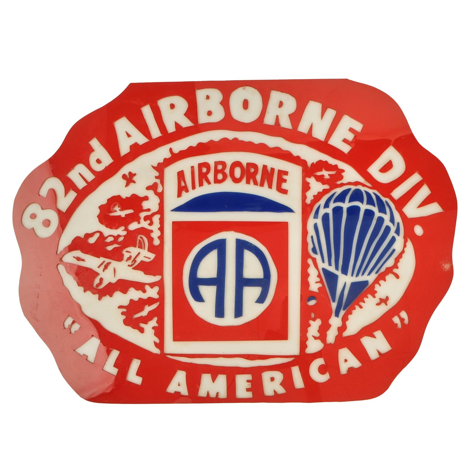 Original U.S. Cold War Era 82nd Airborne Division “All American” Acrylic Veterans Sign with Provenance Note on Reverse - Won in 1985 Competition - 16 ½ x 22”
