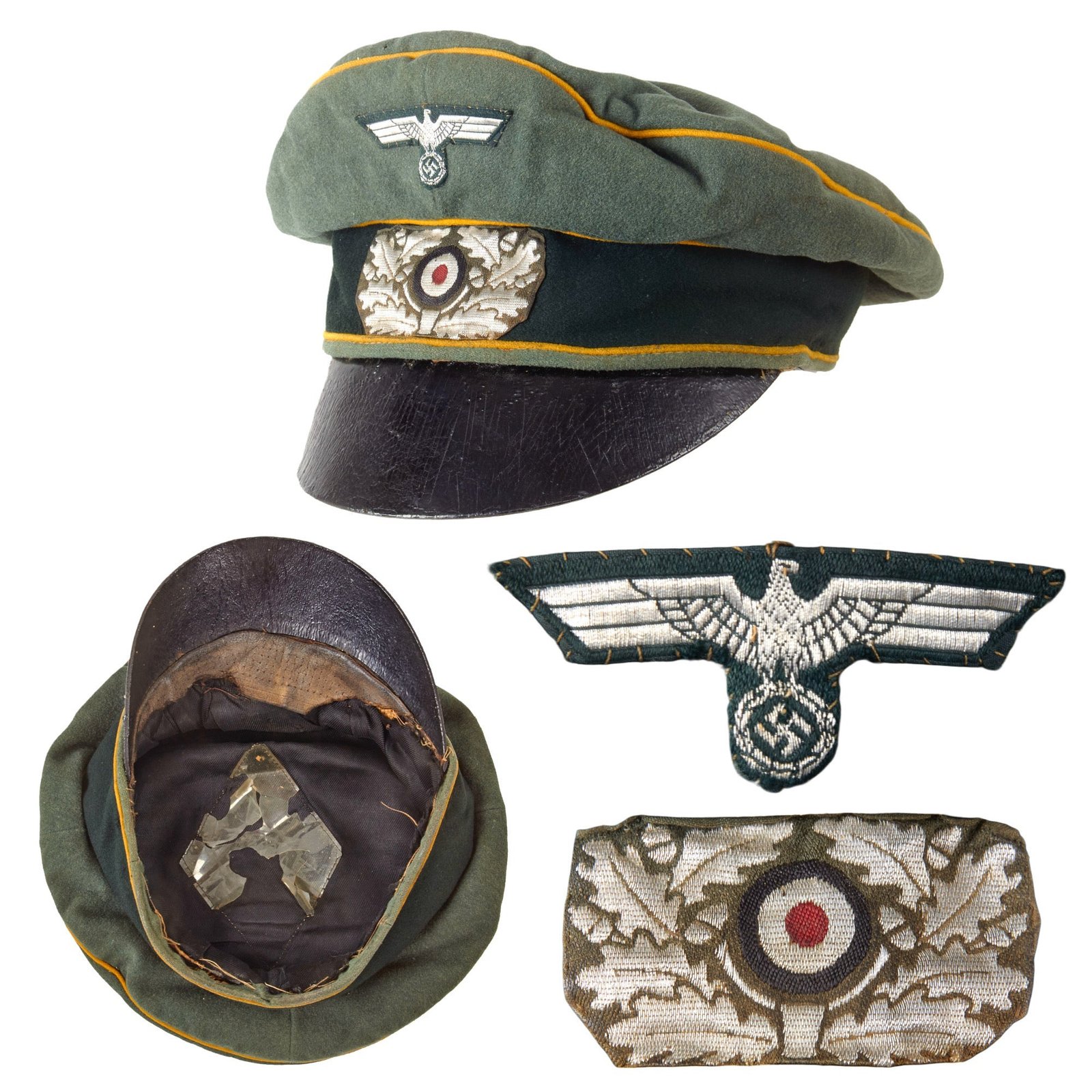 Original German WWII Heer Army Cavalry Officer Schirmmütze Visor Crush Cap with Leather Brim - Missing Sweatband