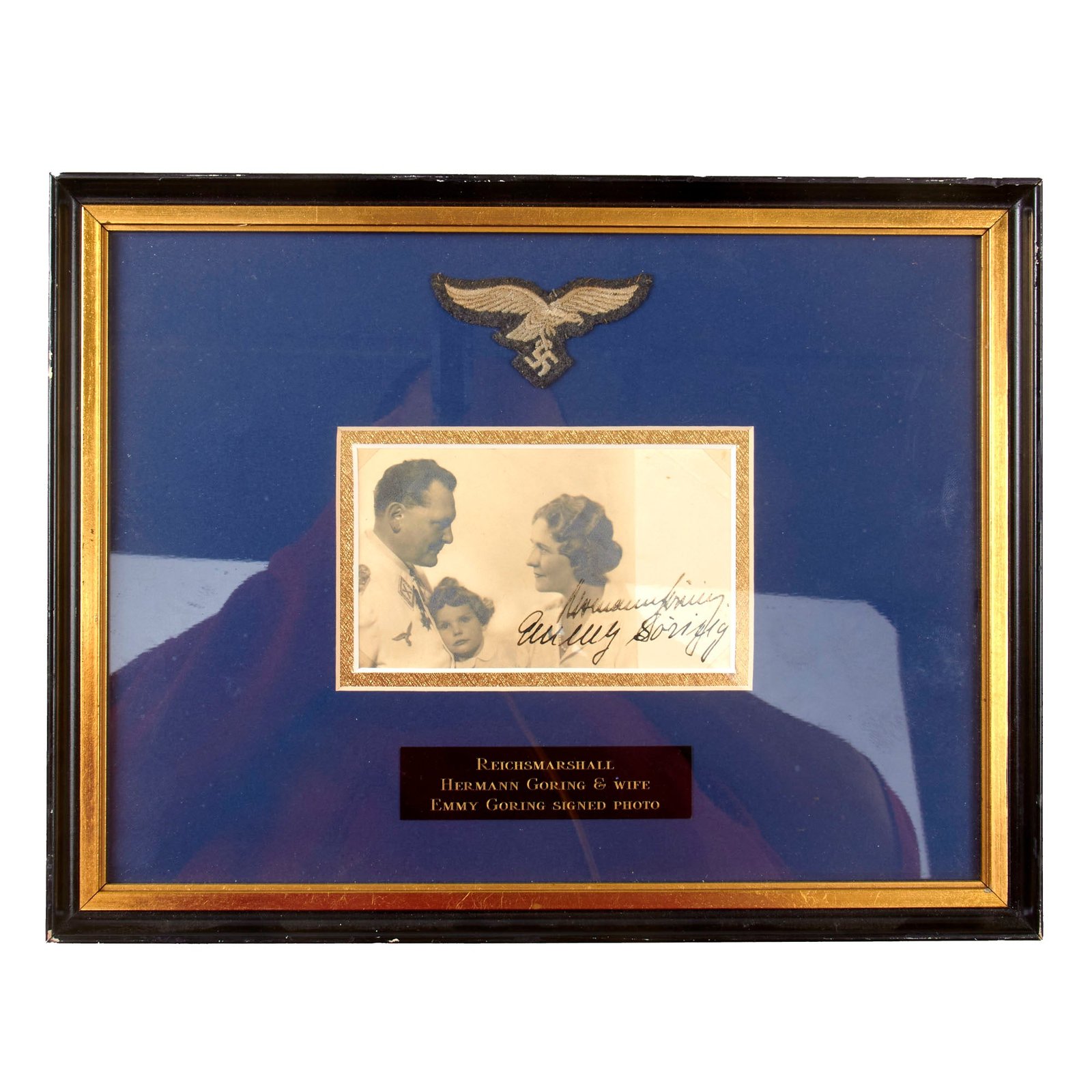 Original German WWII Framed 3" x 5" Emmy Göring Signed Photograph of Reichsmarschall Hermann Göring with Herself and Daughter - 13 3/8" x 10 1/4"