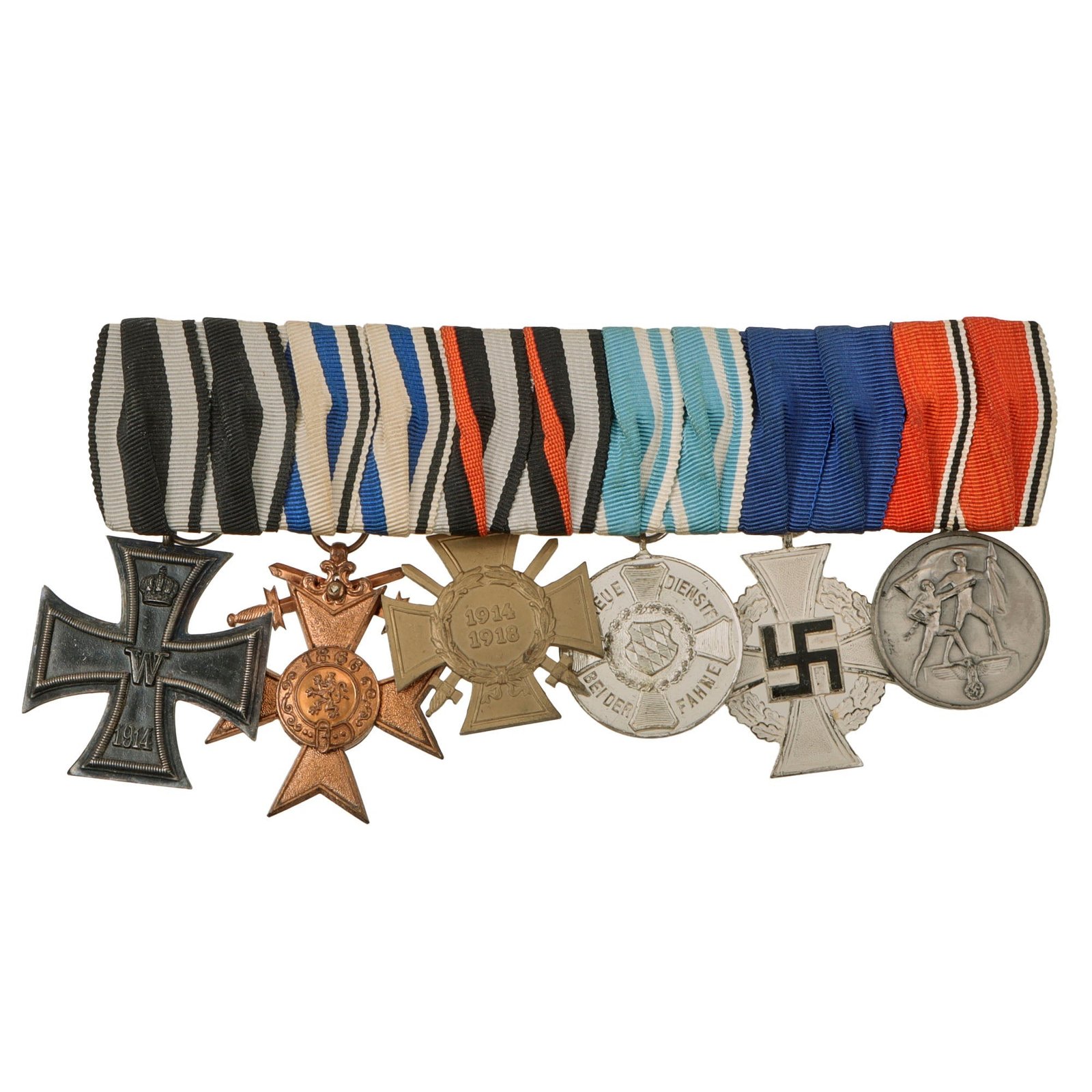 Original German WWI Era Medal Bar with 1914 EKII, Bavarian Merenti Cross, Hindenburg Cross, and More - 6 Awards
