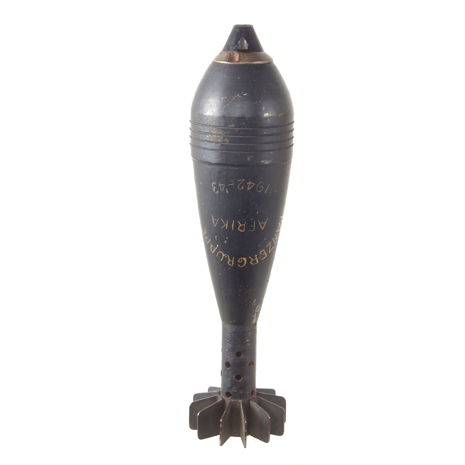 Original German WWII Panzergruppe Afrika Inscribed Inert 8cm Granatwerfer 34 “Bringback” Mortar Round by Kollmer & Jourdan of Pforzheim - GrW 34 - Dated 1943