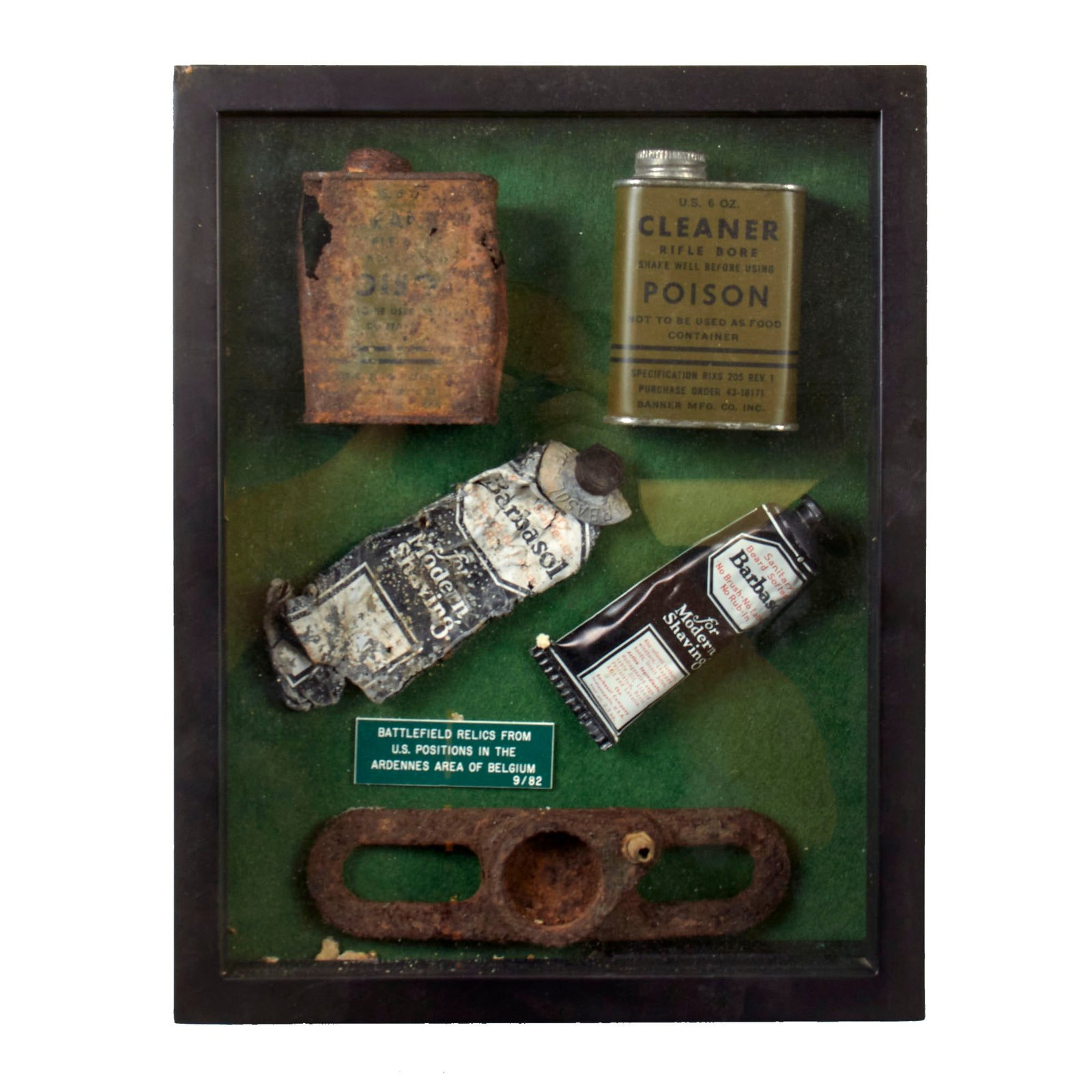 Original U.S. WWII Framed Case of Battlefield Relics from U.S. Positions at Ardennes Recovered in 1982 - 11 x 14 x 2½”
