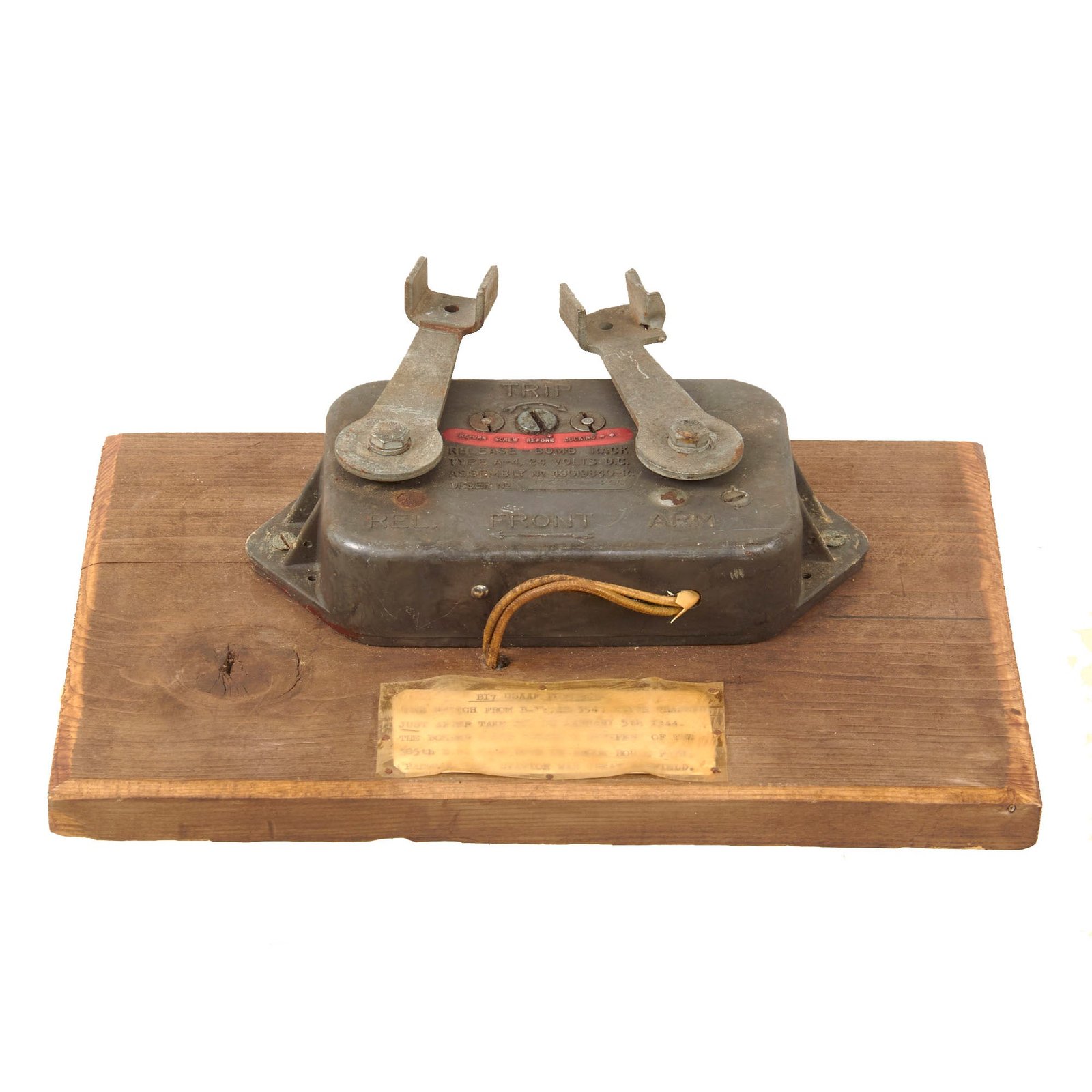 Original U.S. WWII B-17 42-3544 “Stars and Stripes” Recovered Bomb Switch on Period Mount with Provenance Note - Crashed January 5th, 1944