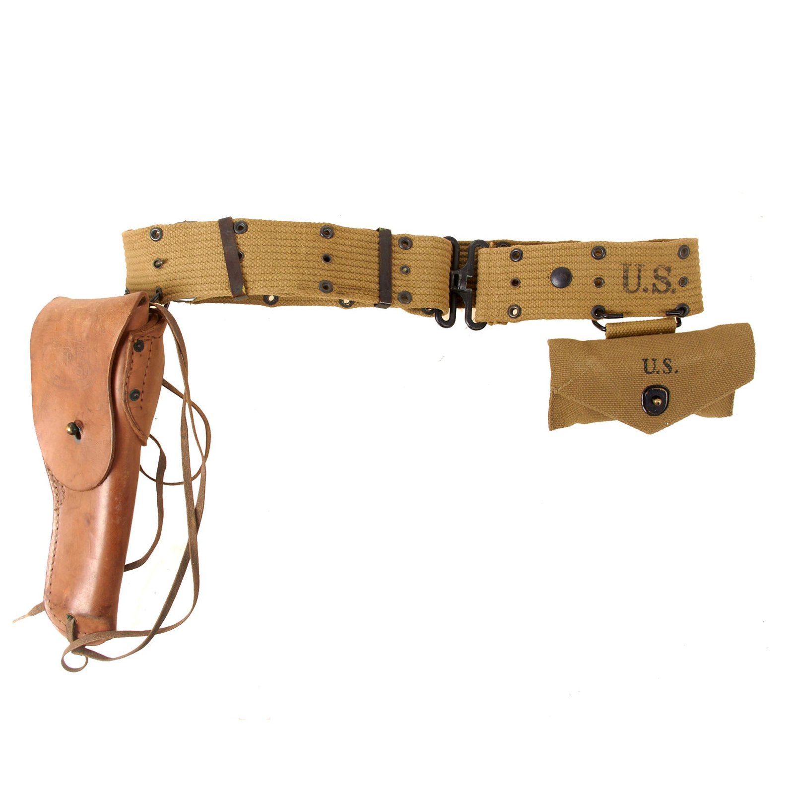 Original U.S. WWII Officer’s Pistol Rig - M1936 Pistol Belt, M1911 Holster by Warren Leather Goods, & M1942 First Aid Pouch with Carlisle Bandage and Sulfanilamide