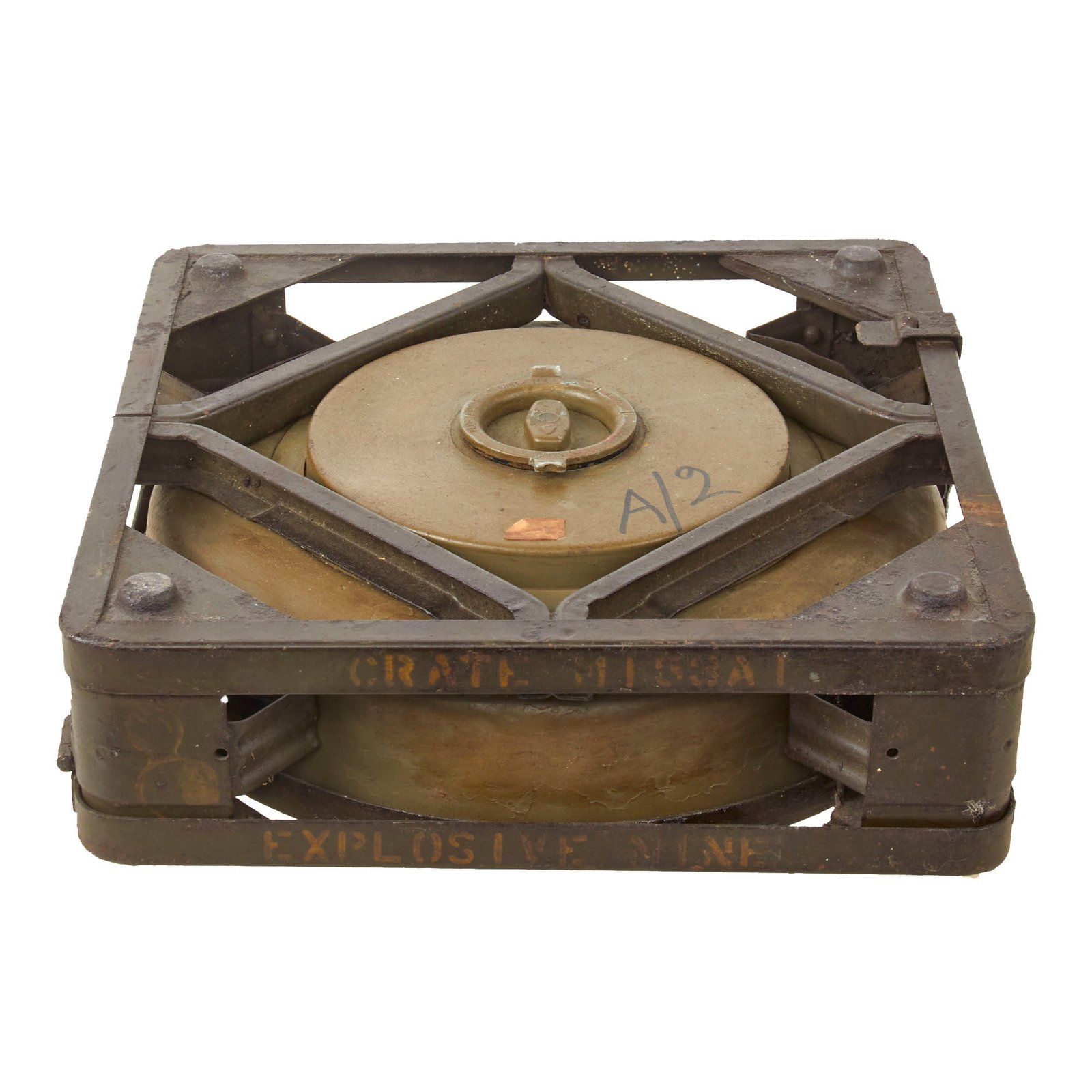Original U.S. WWII Inert M6A2 Anti-Tank Landmine in Original Transit Carrier - Dated 1944