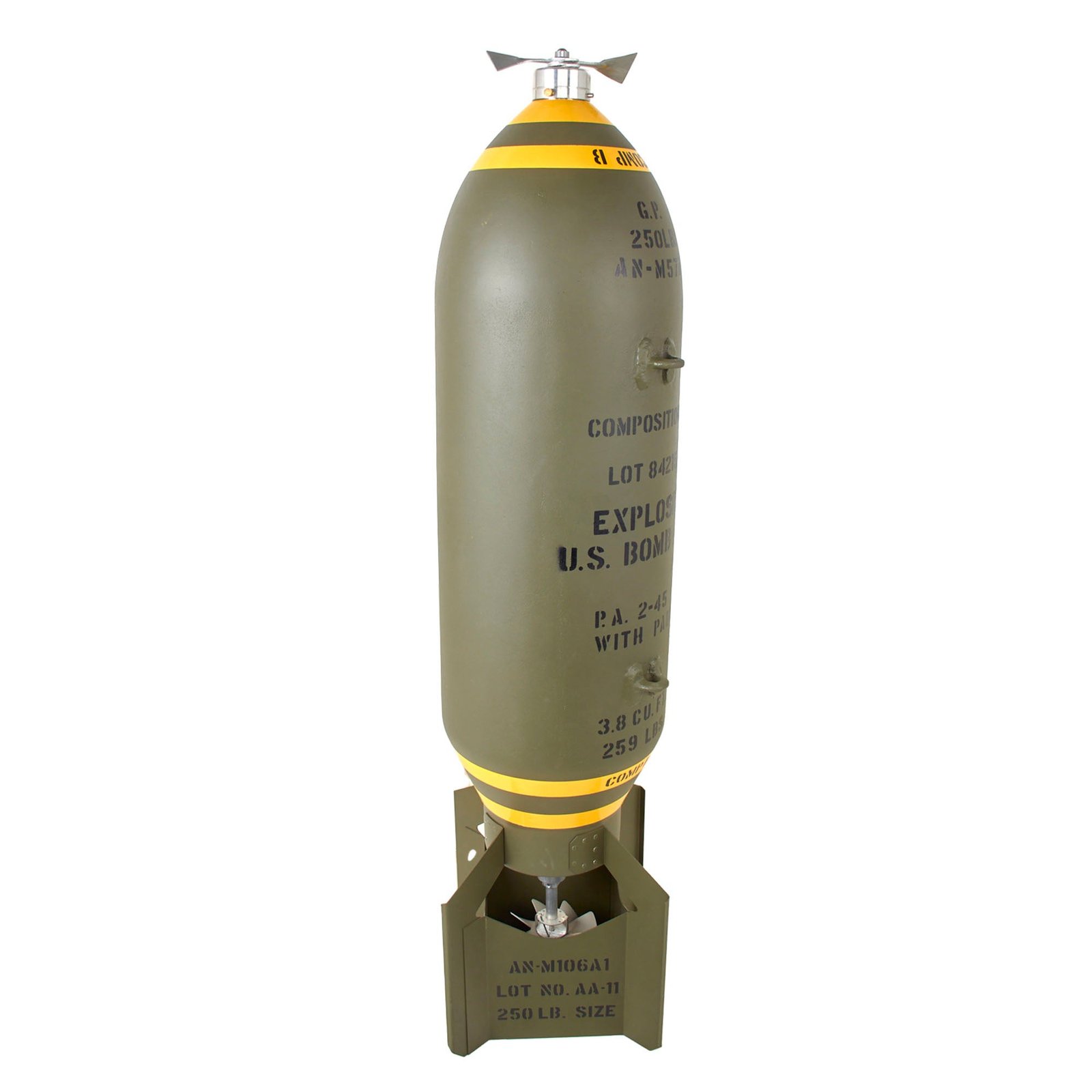 Museum Quality Replica U.S. AN-M57A1 250 Pound Bomb with Replicated Markings and Pin Removal Tag