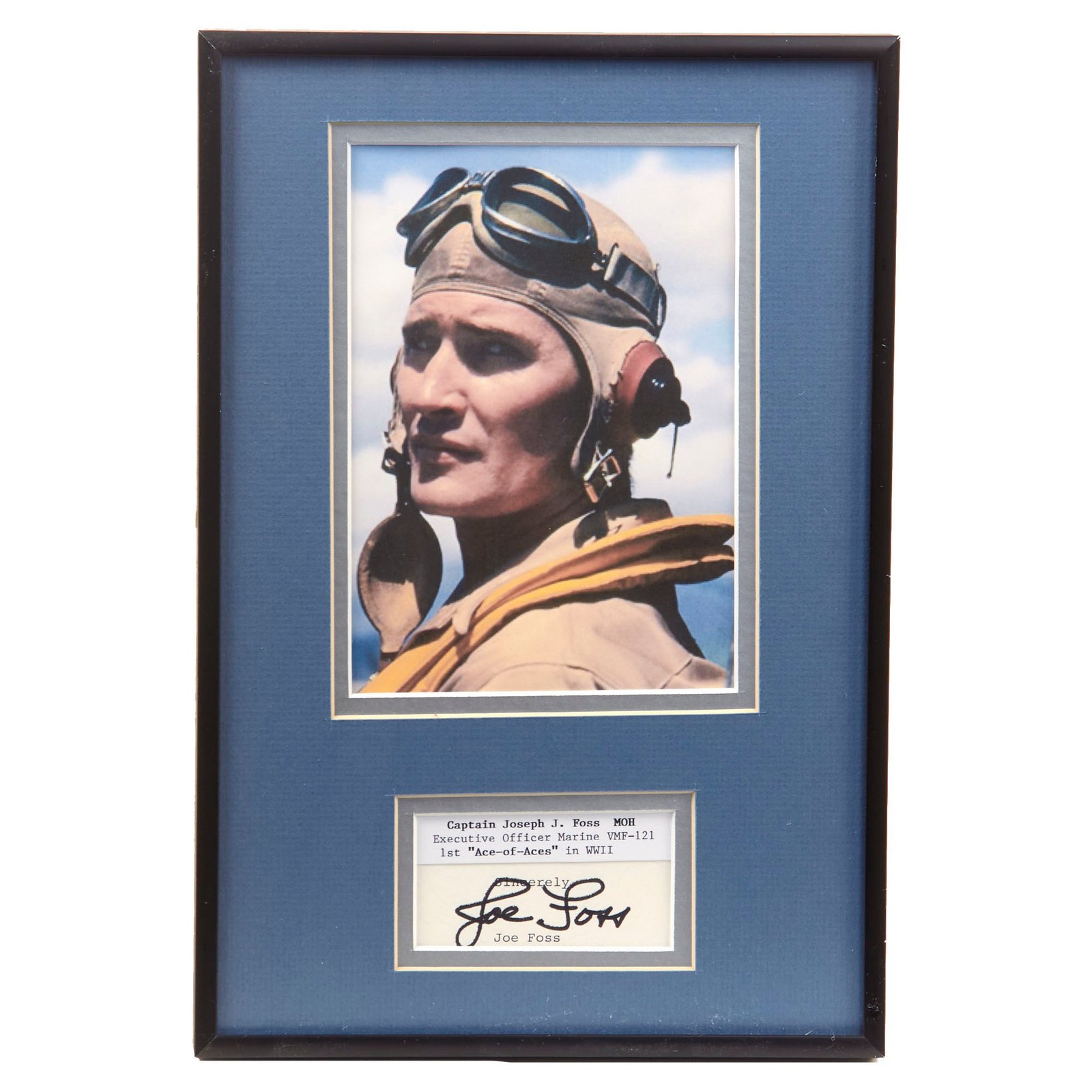Original U.S. WWII Framed Autographs of Tuskegee Airman Colonel Benjamin O. Davis, Medal of Honor Recipient Joe Foss, and USMC Major Gregory “Pappy” Boyington - Lot of Three
