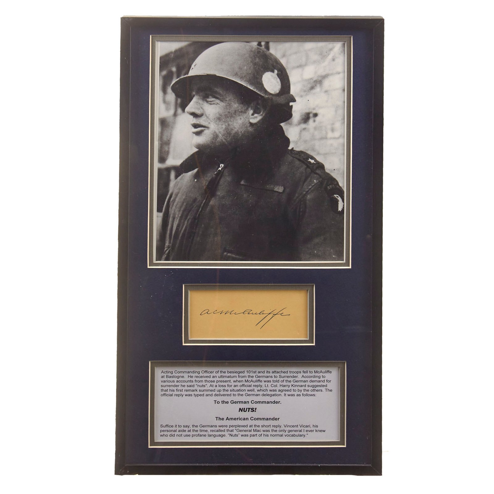Original U.S. WWII Framed 101st Airborne General Anthony McAuliffe Signature - 10¼ x 19¼”