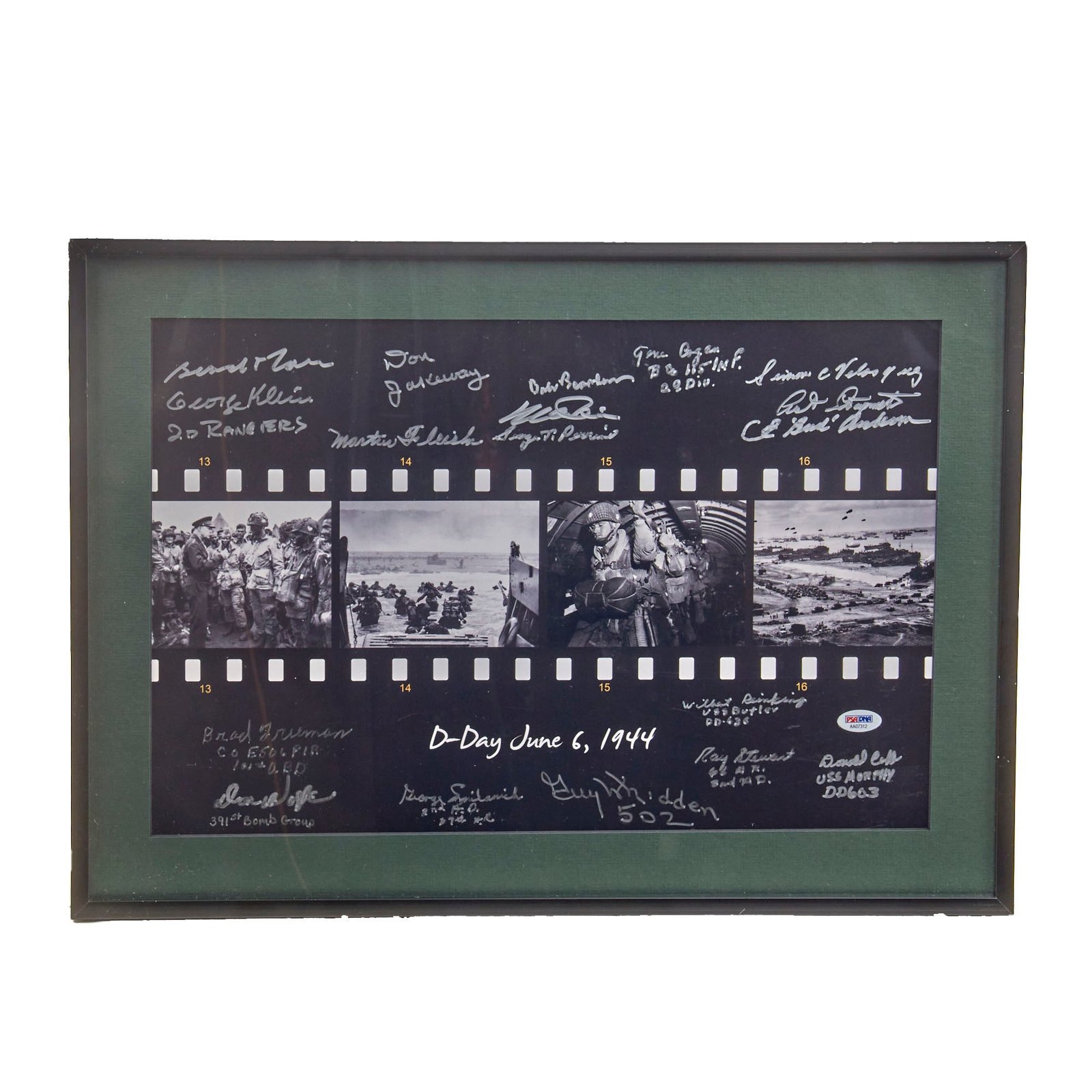 Original U.S. WWII D-Day Framed & Signed Photo Reel with 18 Signatures of D-Day Veterans and Certificate of Authenticity - 15 ¼ x 21 ¼”