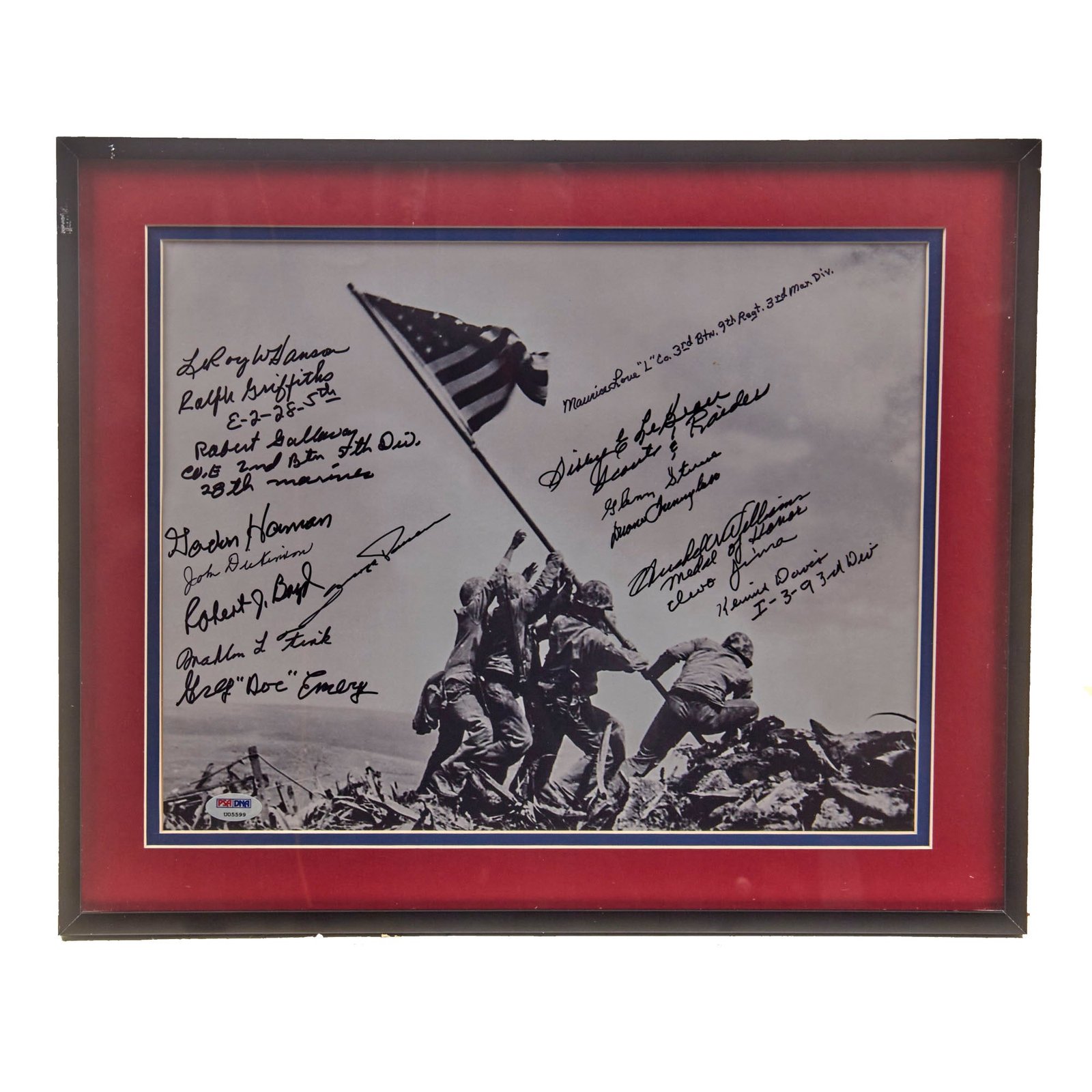 Original U.S. WWII Framed Iwo Jima Photo Signed by 15 Iwo Jima Veterans Including Medal of Honor Recipient Hershel Williams with Certificate of Authenticity - 14¼ x 17¼”
