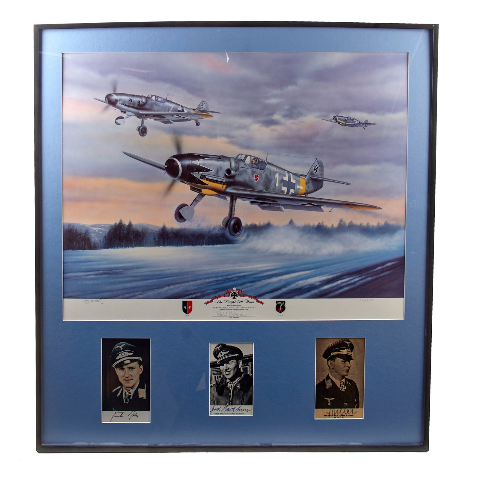 Original Signed Limited Edition Print: Framed “The Knight at Dawn” by Jerry Crandall Signed by Erich Hartmann, Greatest Fighter Ace in History with Three Additional Knight’s Cross Recipient Signatures - 1151/1250 - 31 ¼ x 34 ¼”