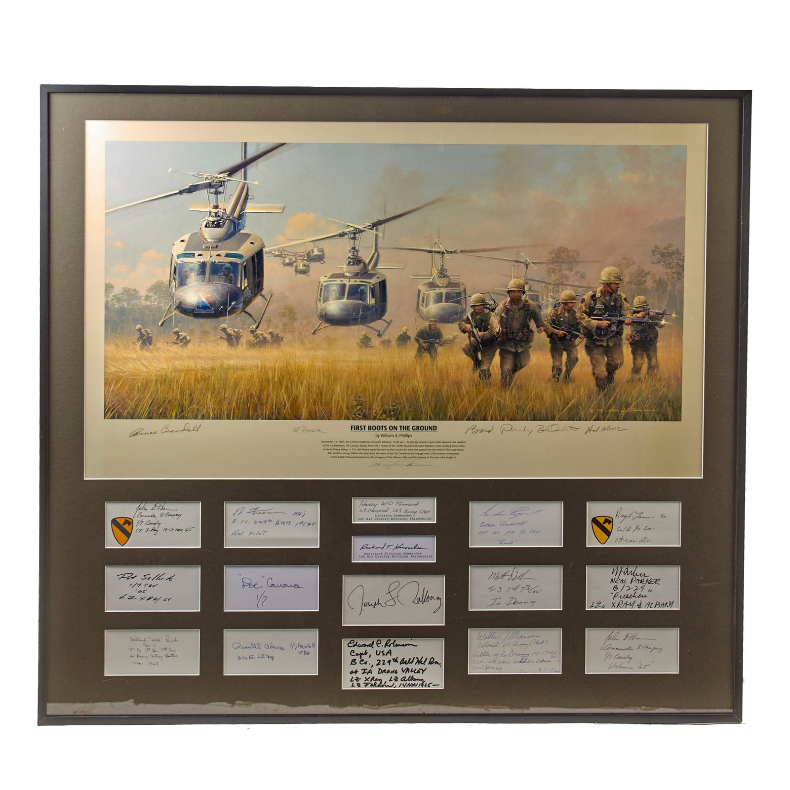Original Signed Limited Edition Print: Framed “First Boots on the Ground” by William S. Phillips Signed by Five Heroes of Ia Drang with Sixteen Additional Signatures - 32 ¼ x 34 ¼”