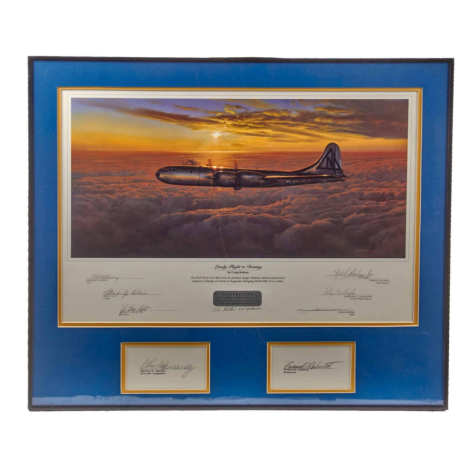 Original Signed Limited Edition Print: Framed “Lonely Flight to Destiny” by Craig Kodera Signed by 8 Crew Members of B-29 “Bock’s Car” - Dropped Atomic Bomb on Nagasaki - 22 ¼ x 25 ¼”