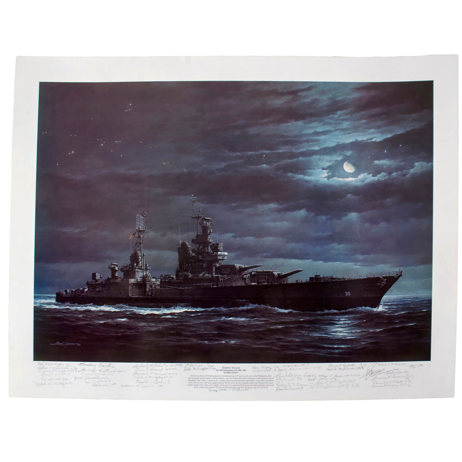 Original Signed Limited Edition Print: “Fateful Voyage: The U.S.S. Indianapolis, July 30th, 1945” by Marii Chernev Signed by 41 Survivors of the Sinking - 76/500 - 27 x 36”