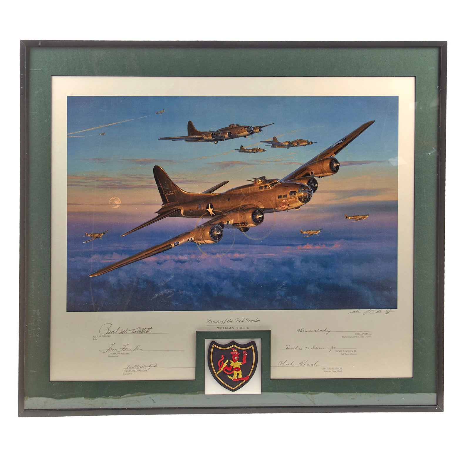 Original Signed Limited Edition Print: Framed “Return of the Red Gremlin” by William S. Phillips Signed by its Crew Including Paul W. Tibbets and Theodore J. Van Kirk - 565/1000 - 25¼ x 28¼”