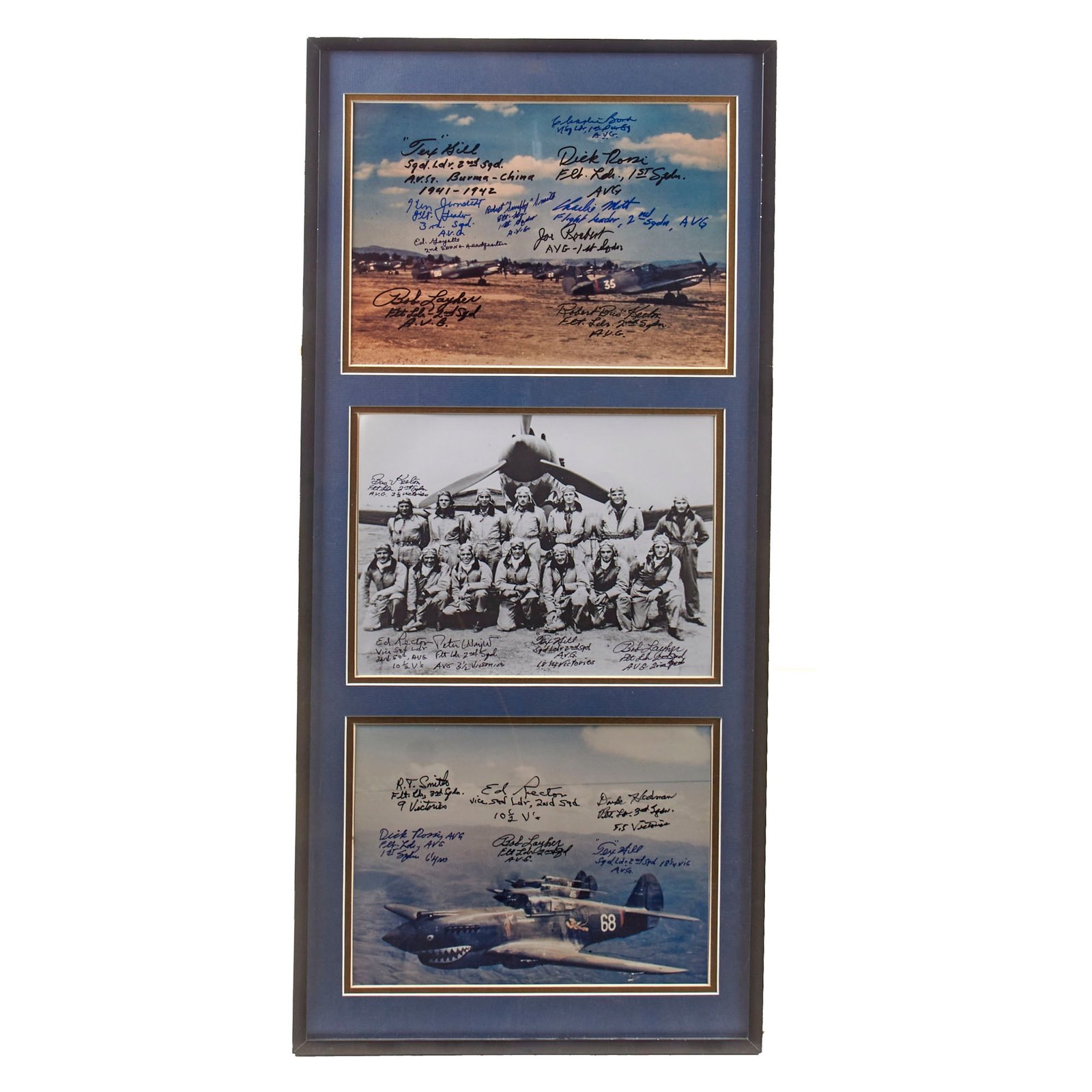 Original U.S. WWII Flying Tigers AVG Framed Signed Photograph Set with 22 Total Signatures & Provenance Note on Reverse - 13 ¼ x 30 ¼”