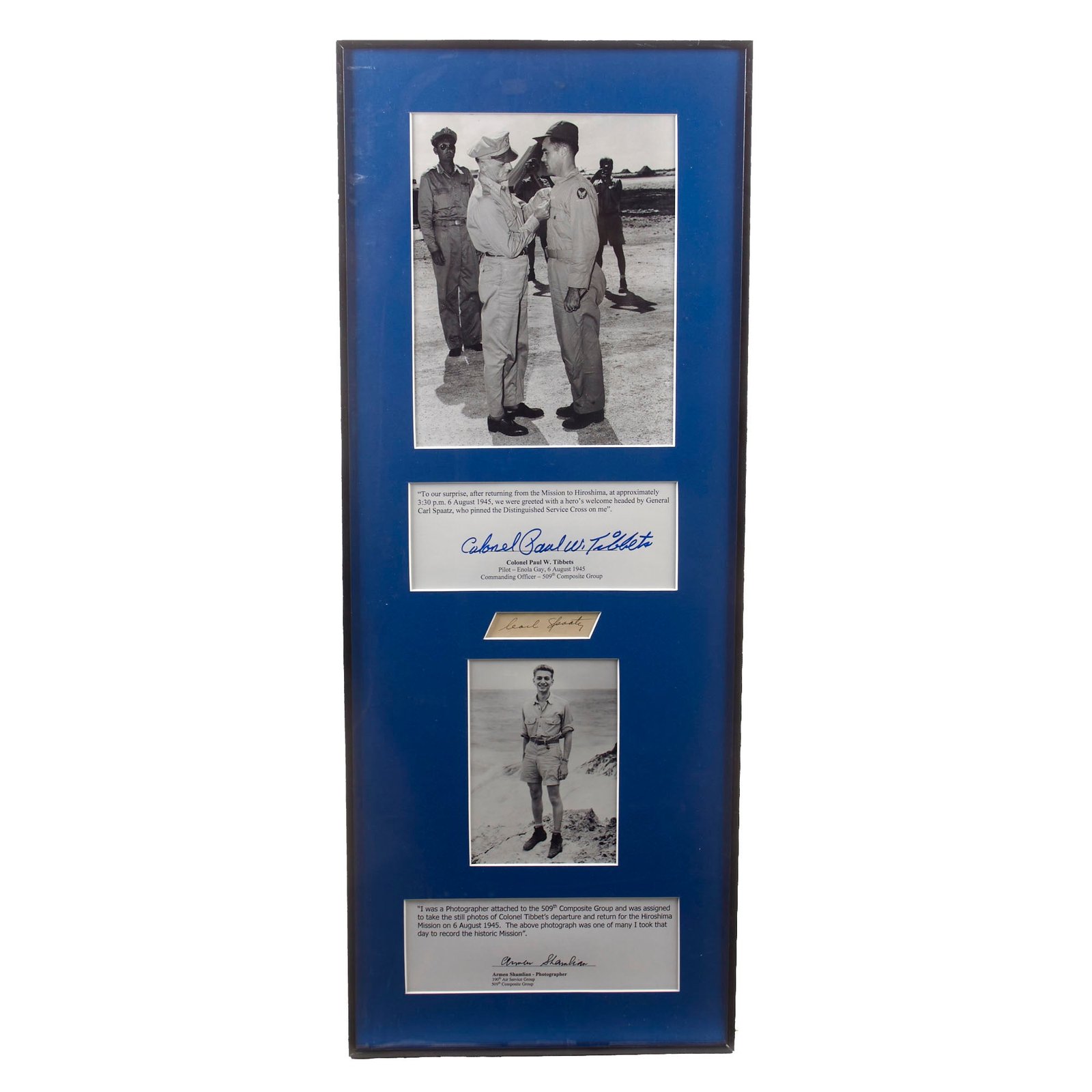 Original U.S. WWII Framed Signatures of Enola Gay Pilot Paul Tibbets & Photographer Armen Shamlian with Photos of Men with Frame - 12 ¼ x 31 ¼”