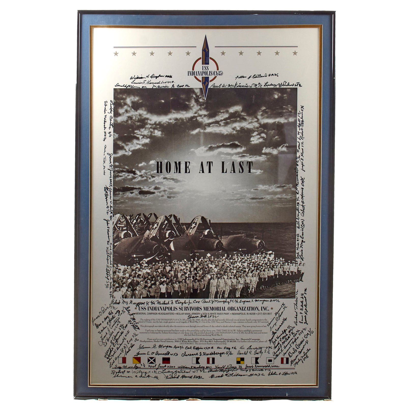 Original U.S. WWII Framed USS Indianapolis Survivors Memorial Organization Poster Signed by Roughly 74 Survivors - 23¼ x 34½”