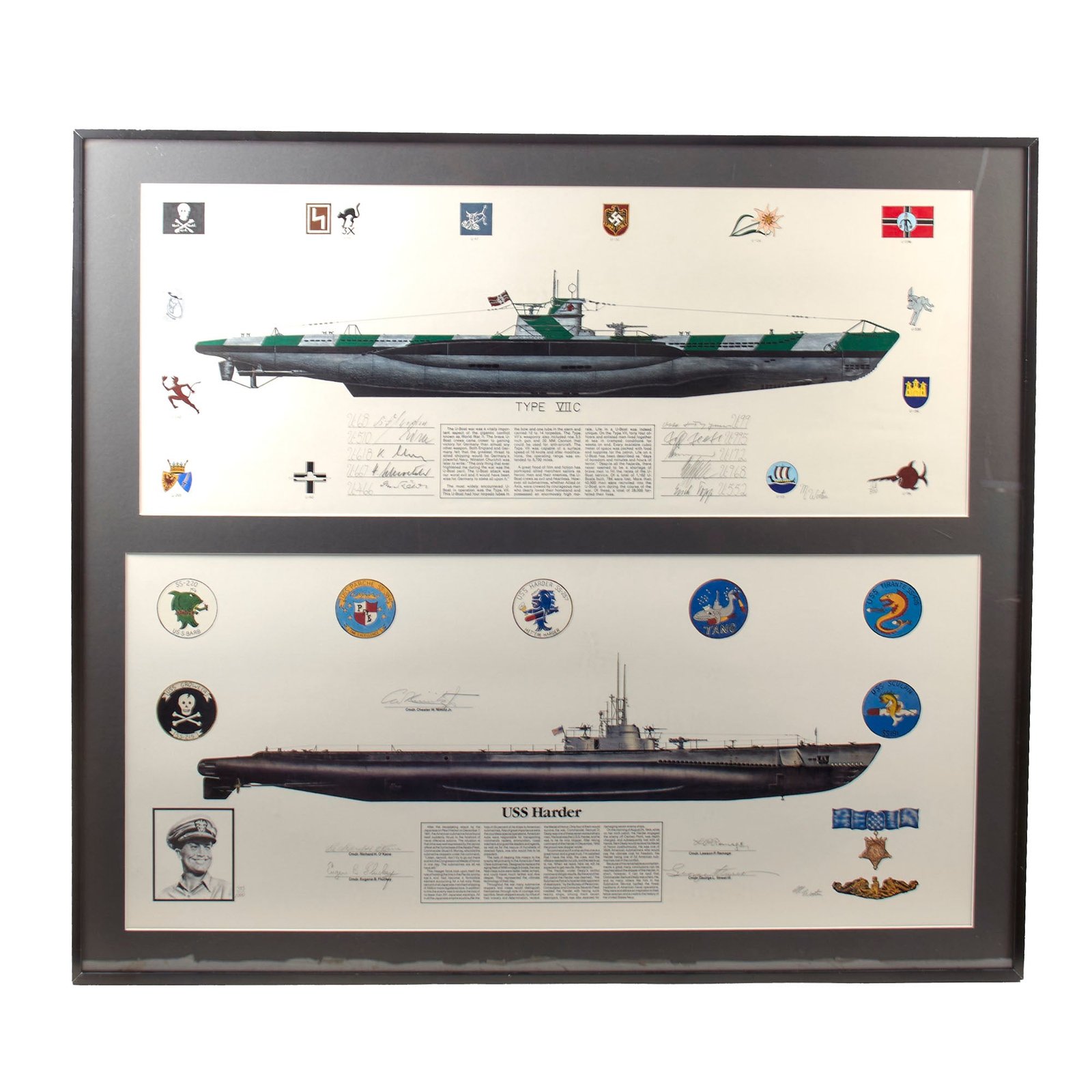 Original U.S. & German WWII Framed “Type VII C” and “U.S.S. Harder” by Michael Wooten Signed by 10 Former German U-Boat Commanders and 5 U.S. Submarine Commanders - 32 ¼ x 36 ¼”