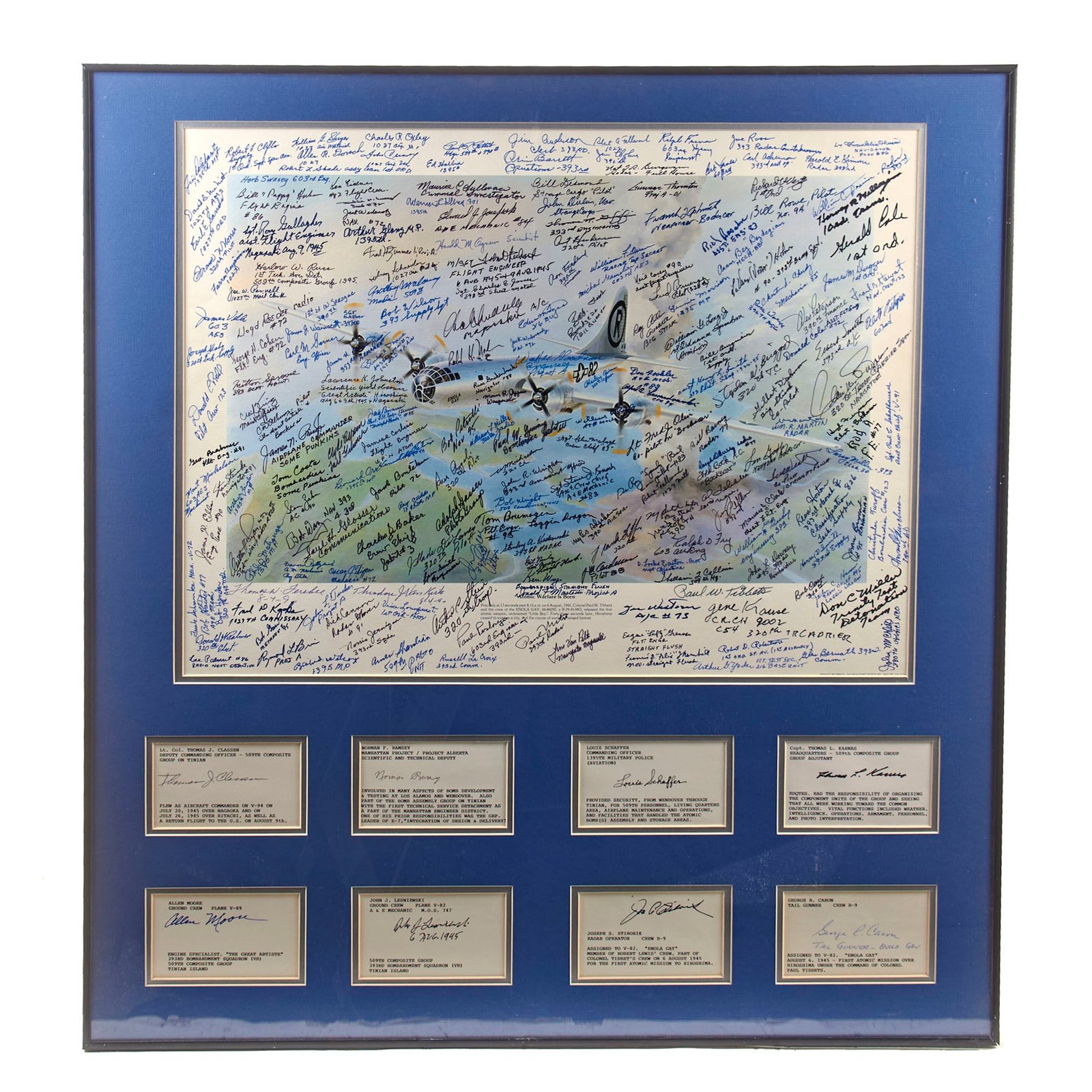 Original Signed Limited Edition Print: Framed “Atomic Warfare is Born” by Harley Copic Signed by ~200 Members of 509th Composite Group Including Enola Gay Pilot Paul Tibbets with 8 Additional Signatures in Frame - 30 ¼ x 32 ¼”