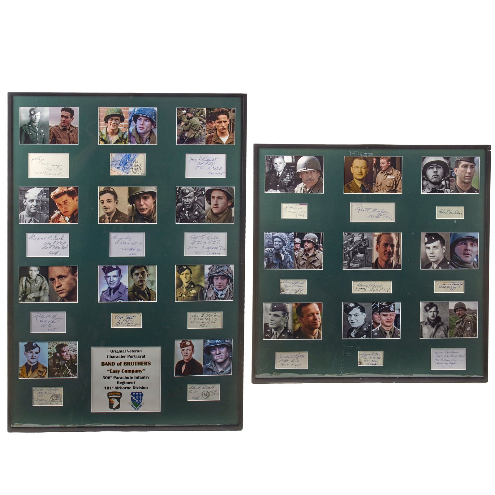Original U.S. WWII “Band of Brothers” Two Frame Signature Set with 20 Signatures Total & Photos of the Men with Their Portrayals - 24¼ x 36¼” & 24 ¼ x 25 ¼”