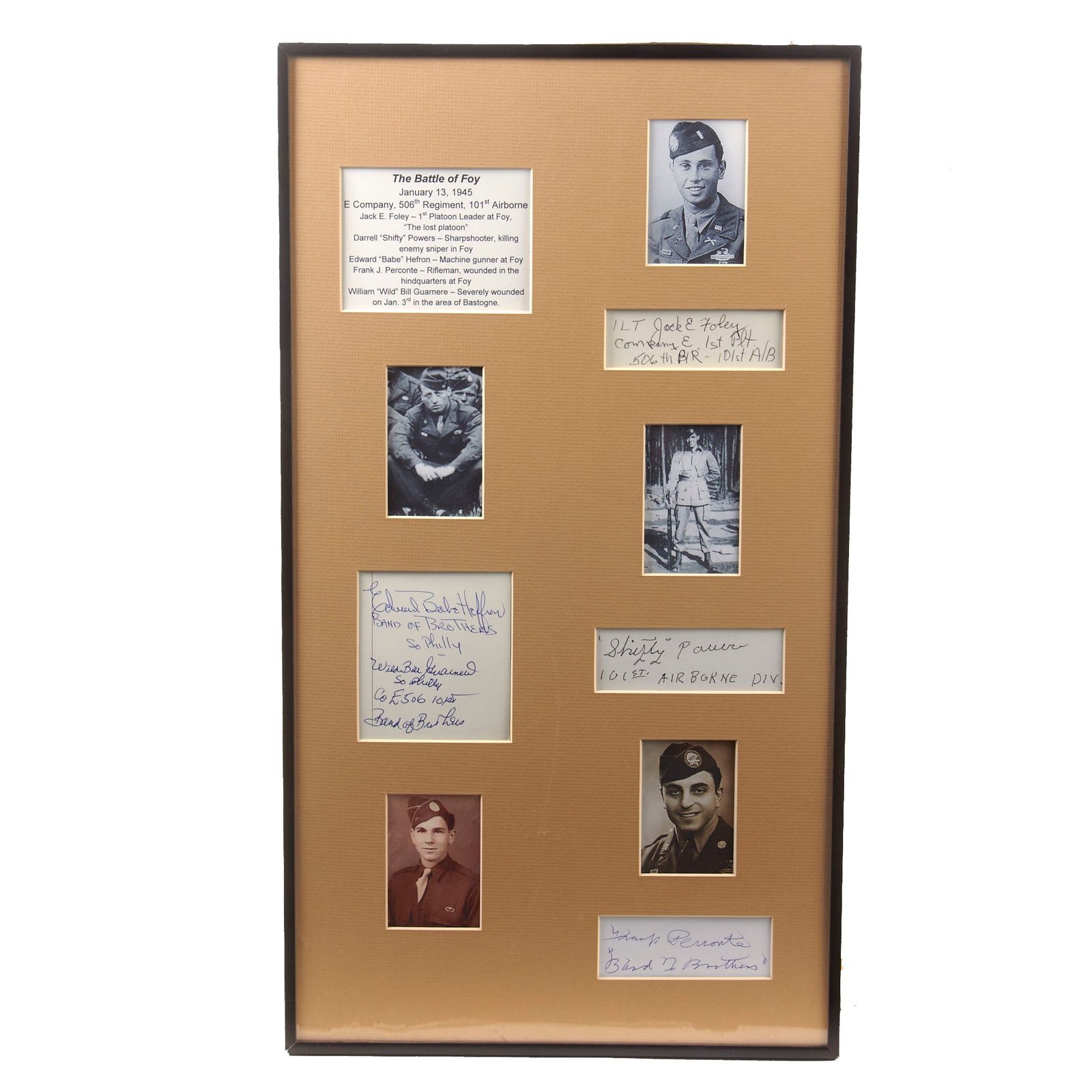 Original U.S. WWII Framed “Band of Brothers” Battle of Foy Survivor Signatures with Photos - Five Signatures Total - 12¼ x 22¼”