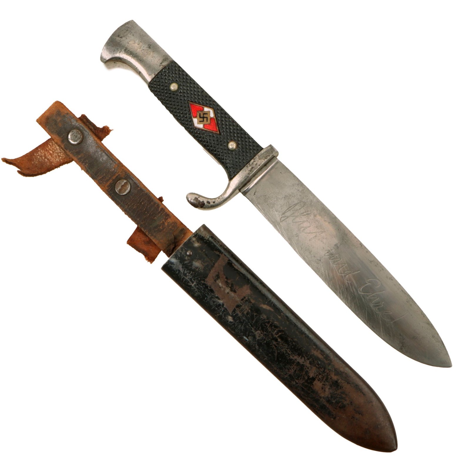 Original German WWII Early Motto Marked HJ Knife by J.A. Henckels Zwillingswerk of Solingen with Scabbard