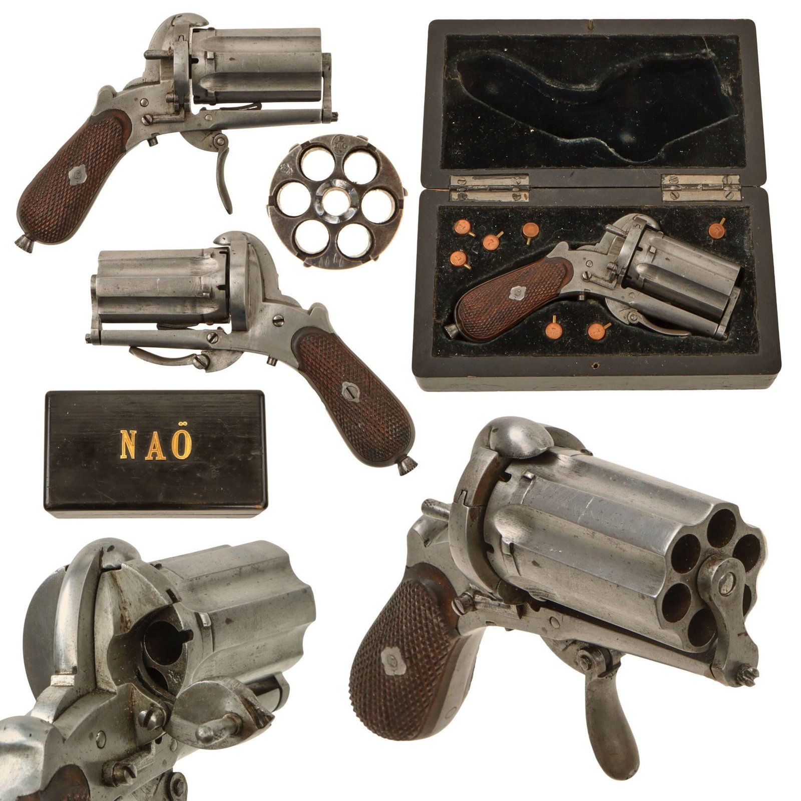 Original Belgian 7mm Pinfire Pocket Pepperbox Revolver in Case with Inert Cartridges circa 1850 - Ejector Rod In Grip