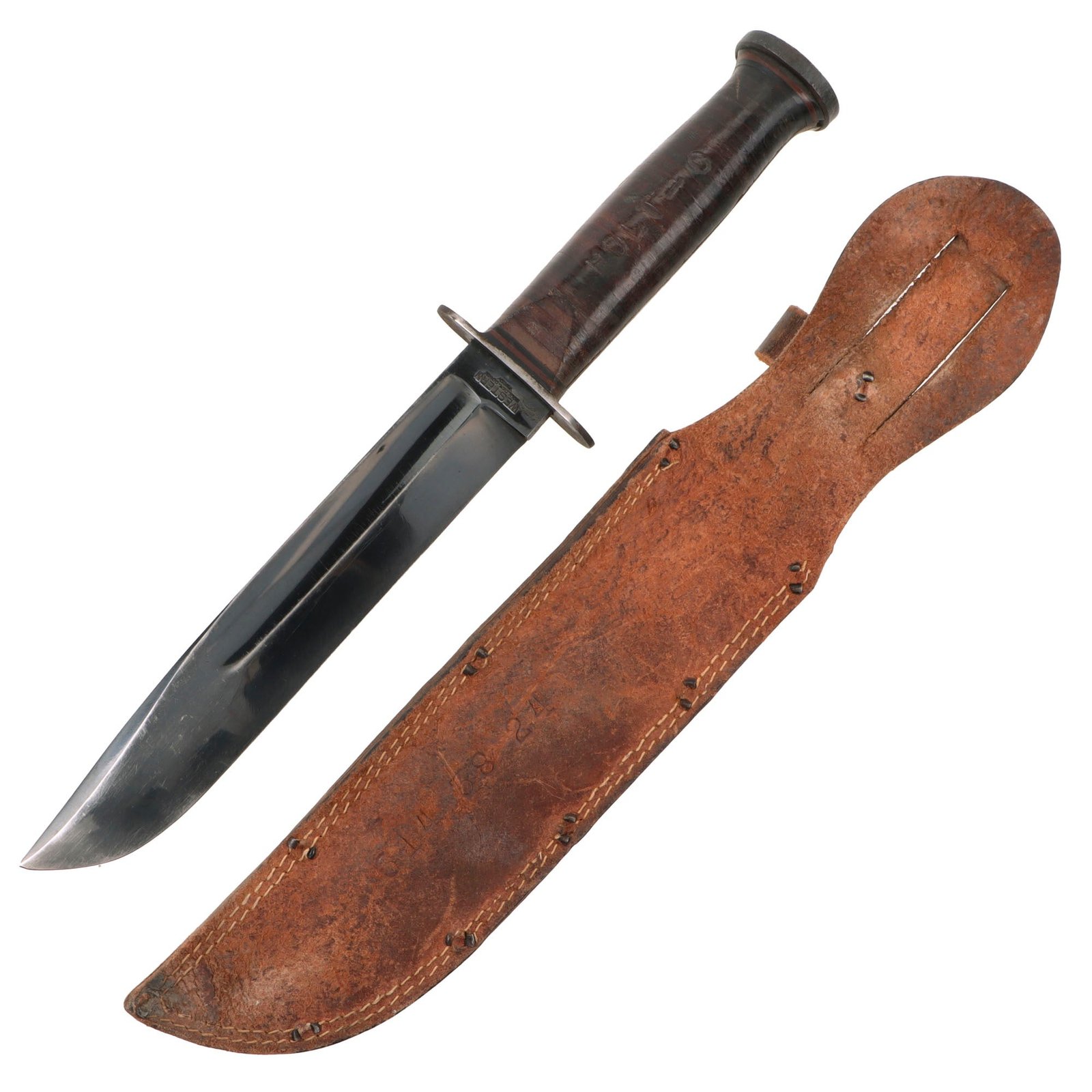 Original U.S. WWII Named Western G-46-8 "KA-BAR" Style Fighting Knife with Correct Leather Scabbard - Storekeeper 2nd Class Charles Holt of LST 524