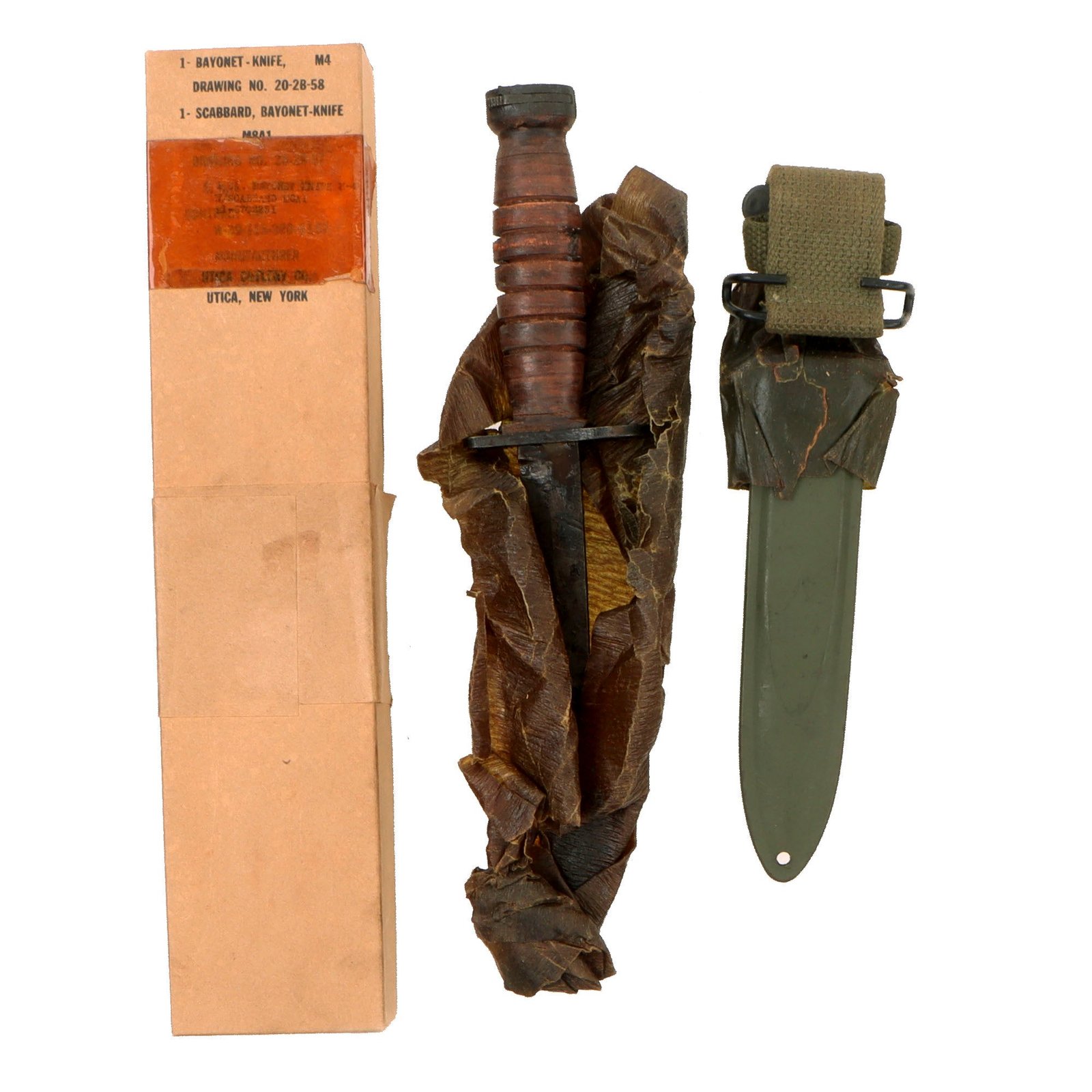 Original U.S. WWII Boxed M4 Bayonet Fighting Knife by Utica with Updated M8A1 Scabbard