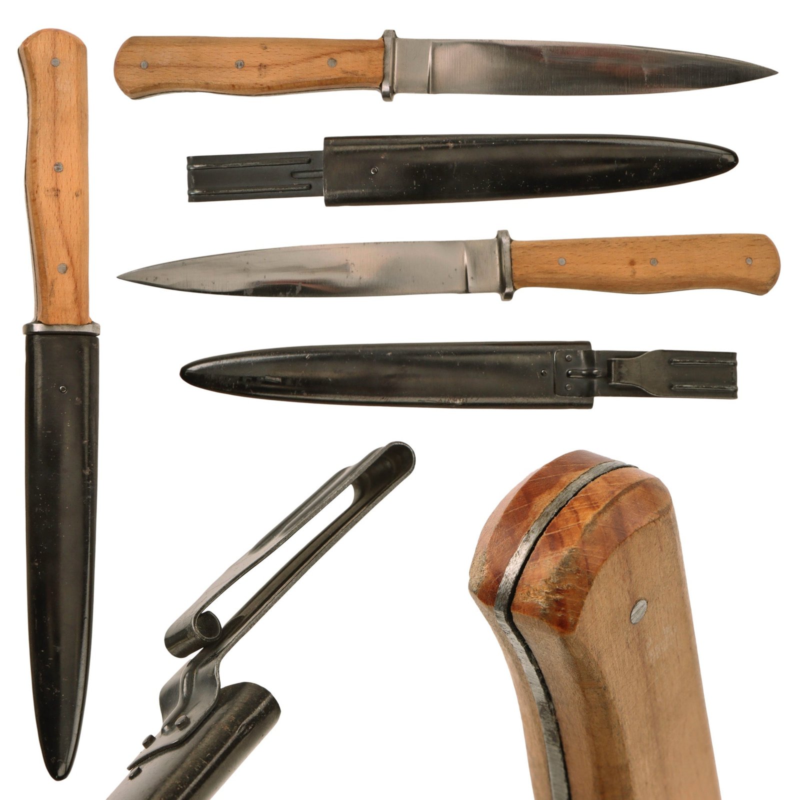 Original German WWII Wood Handle Nahkampfmesser Trench Fighting Knife with Steel Boot Scabbard - Excellent