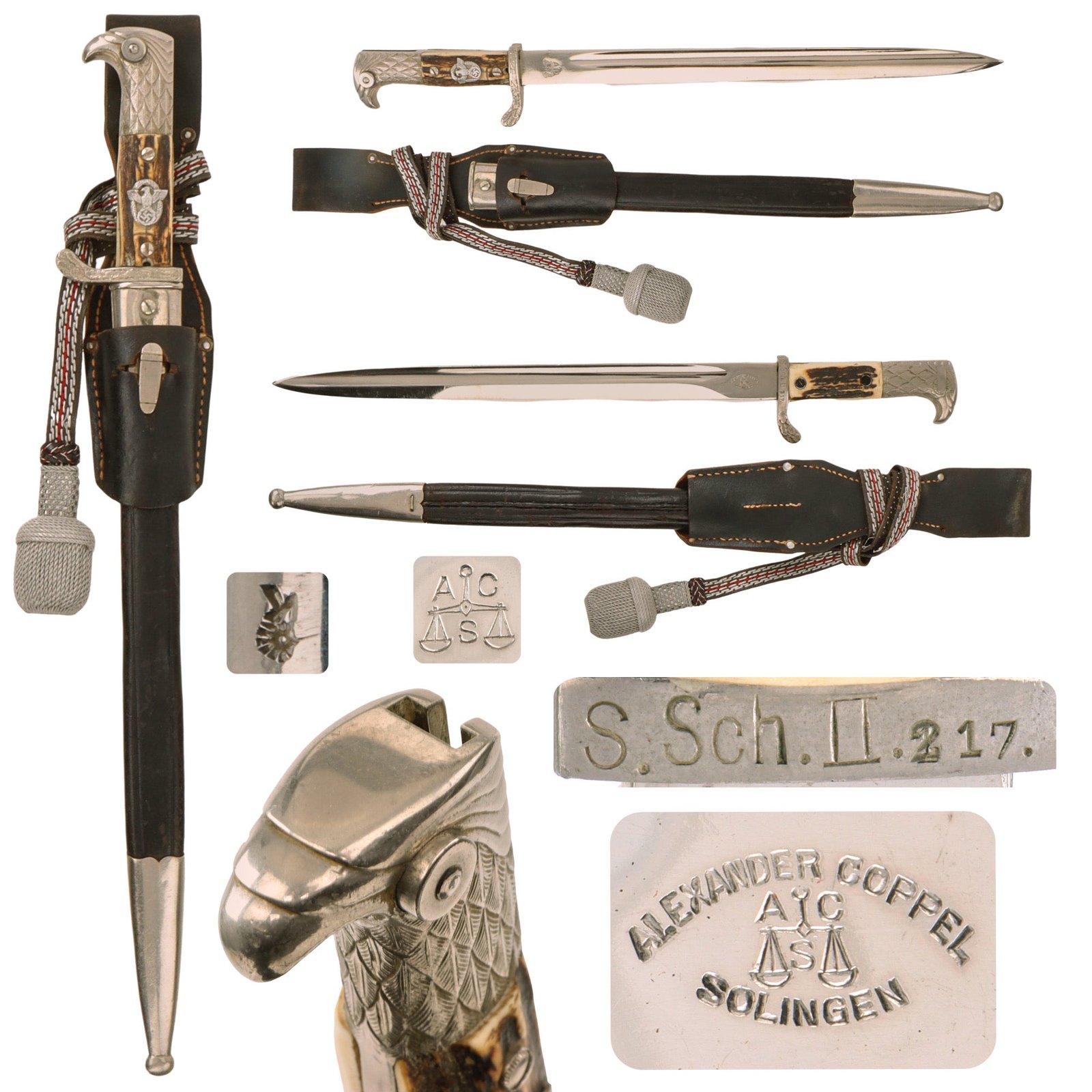 Original German WWII Metropolitan Police Long Dress Bayonet by Alexander Coppel with Scabbard, Frog, and Troddel - Matching Unit Markings