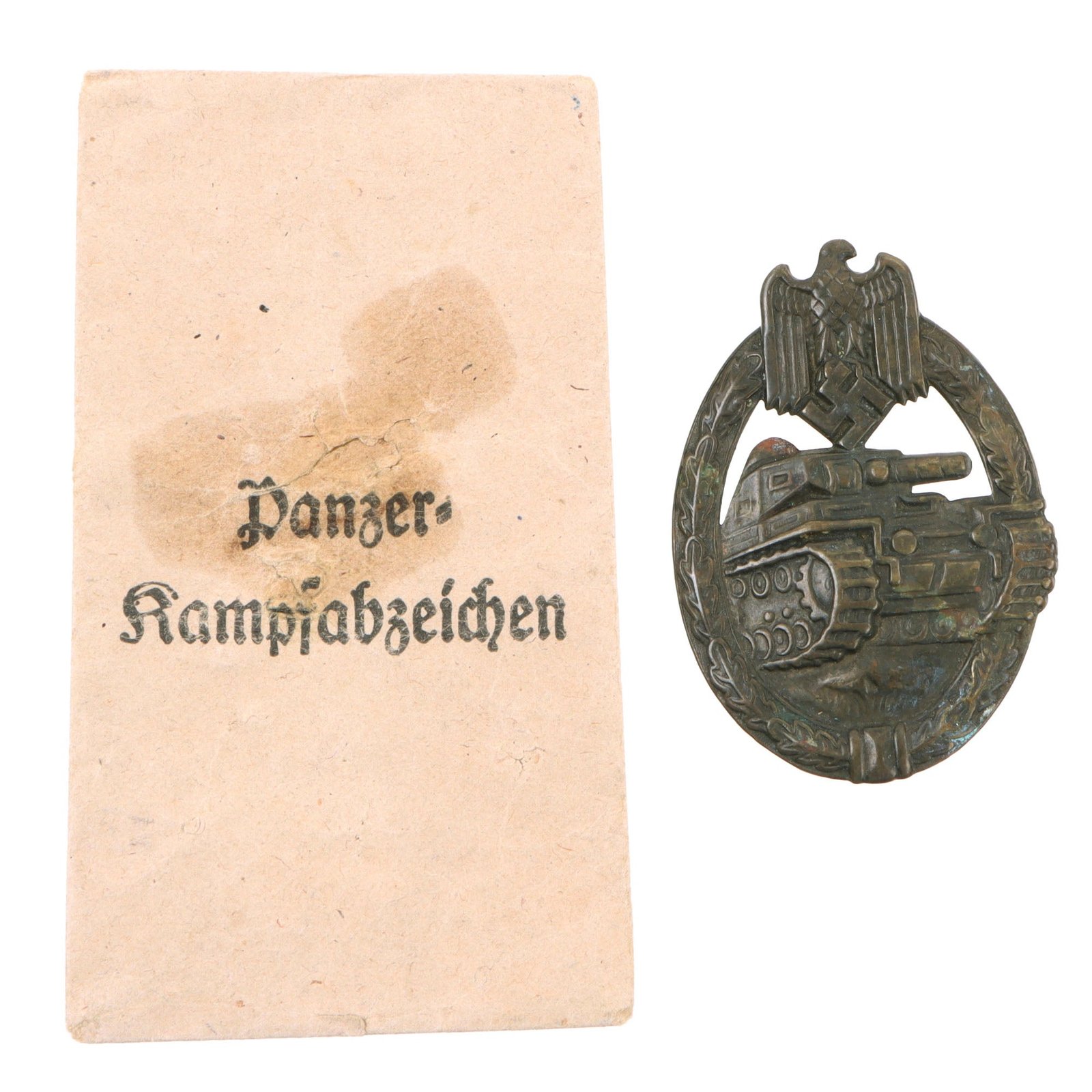 Original German WWII Early Bronze Grade Period Repaired Panzer Assault Tank Badge with Packet by Steinhauer & Lück - Hollow Back