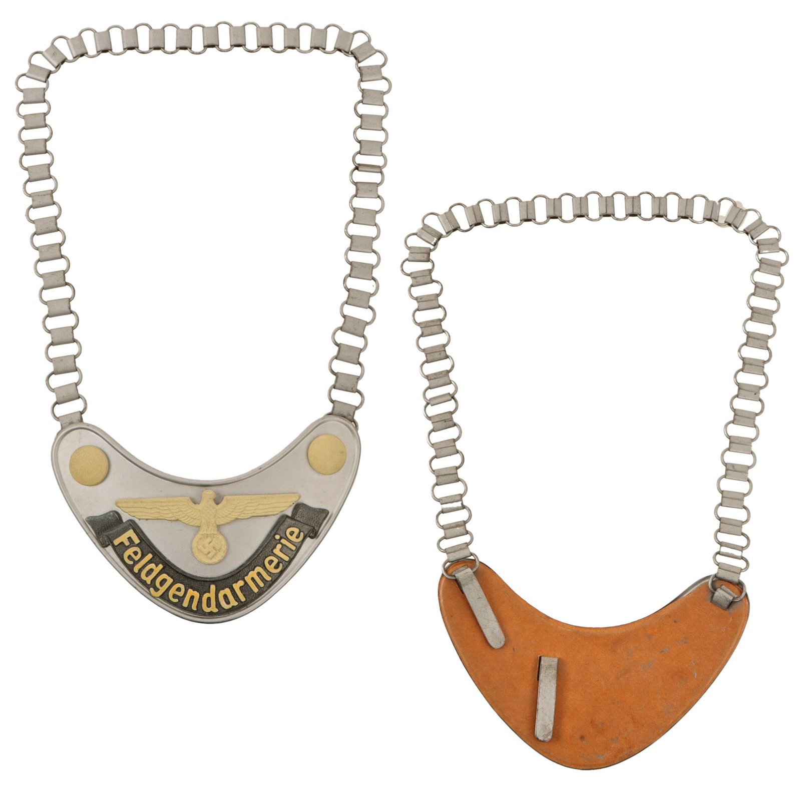 Original German WWII Excellent Feldgendarmerie Police Gorget with Phosphorescent Paint and Neck Chain