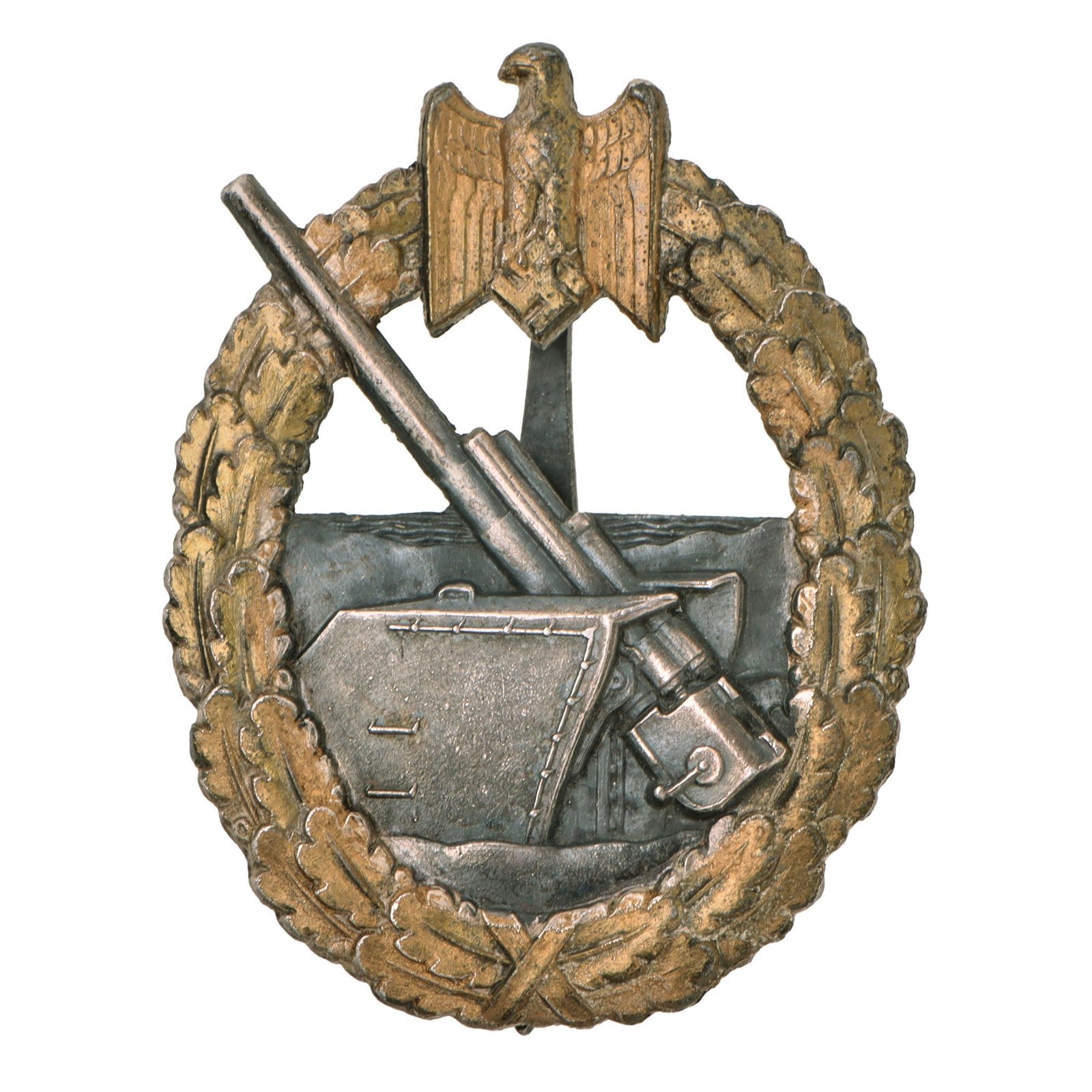 Original German WWII Early Tombak Kriegsmarine Navy Coastal Artillery Badge by C. Schwerin & Sohn of Berlin