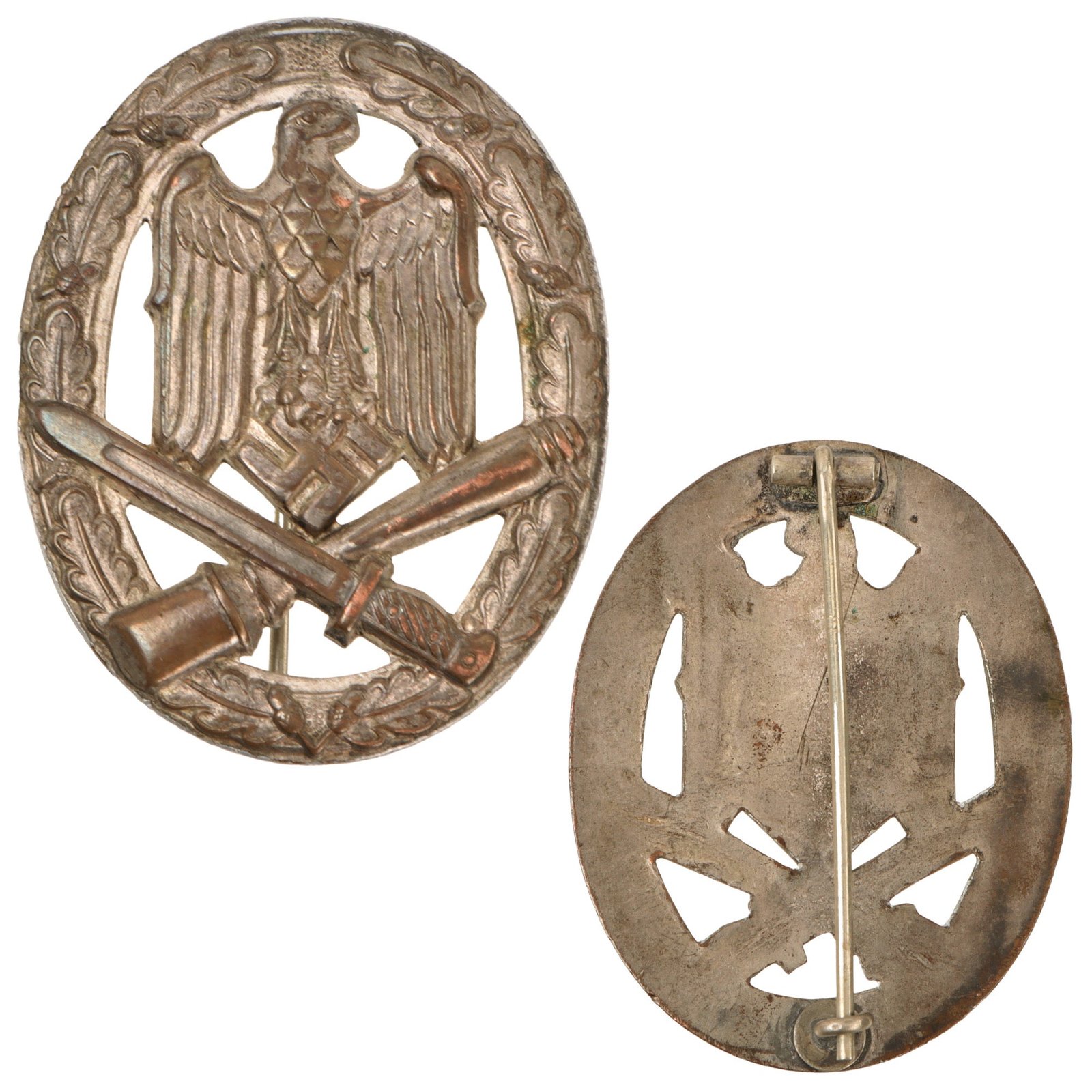 Original German WWII Early Silver Grade CupAl General Assault Badge - Unmarked Copper Aluminum Solid Back