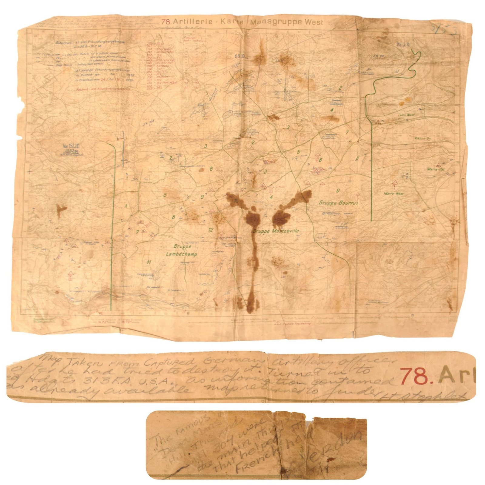 Original U.S. WWI 313th Field Artillery-Captured German Artillery Map of Verdun Area Taken from German Officer Attempting to Destroy it - Blood-Stained - 25 ½ x 33”