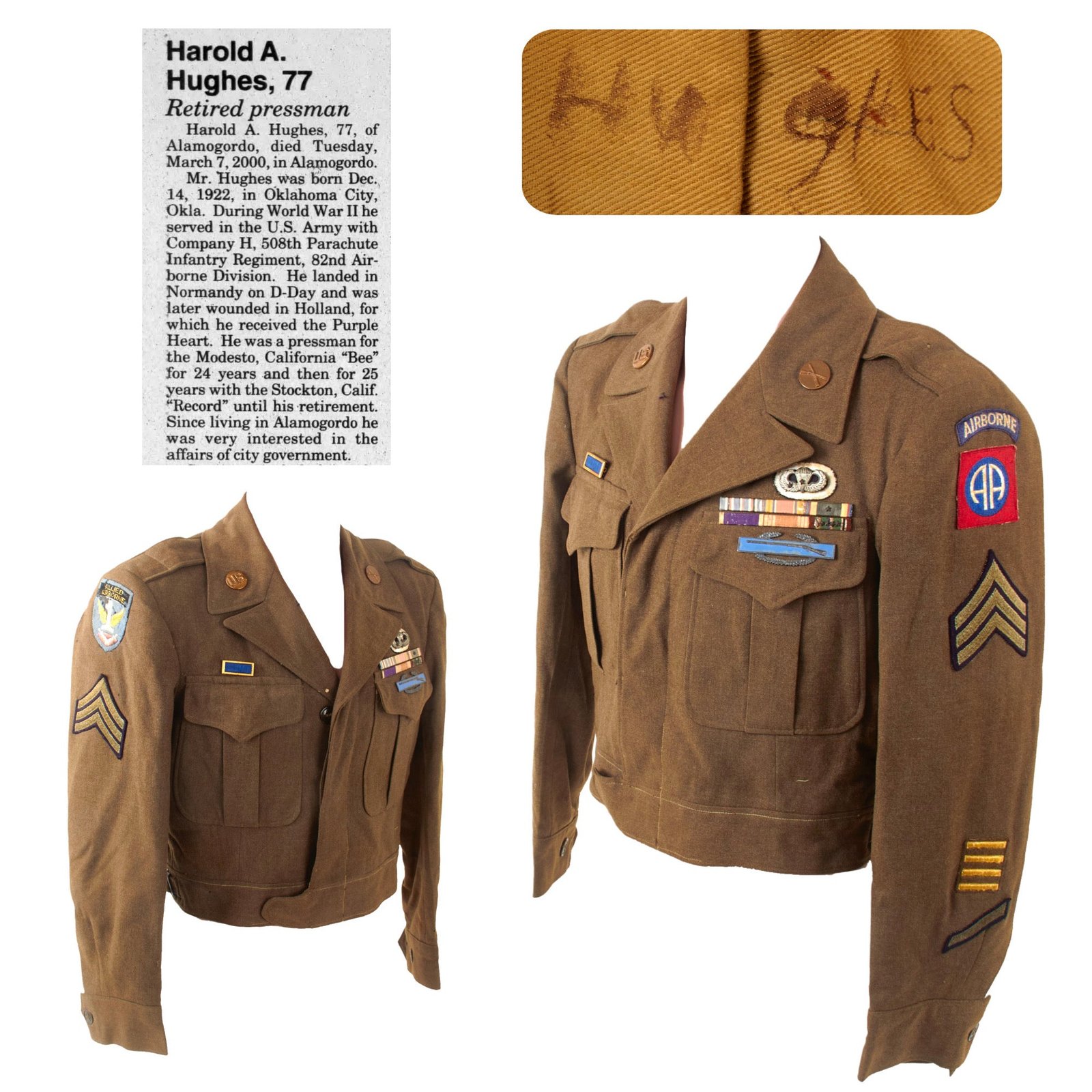 Original U.S. WWII Named 508th PIR 82nd Airborne Division Uniform Ike Jacket with Star-Embedded Paratrooper Wings & Ribbon Bar - Harold Allen Hughes