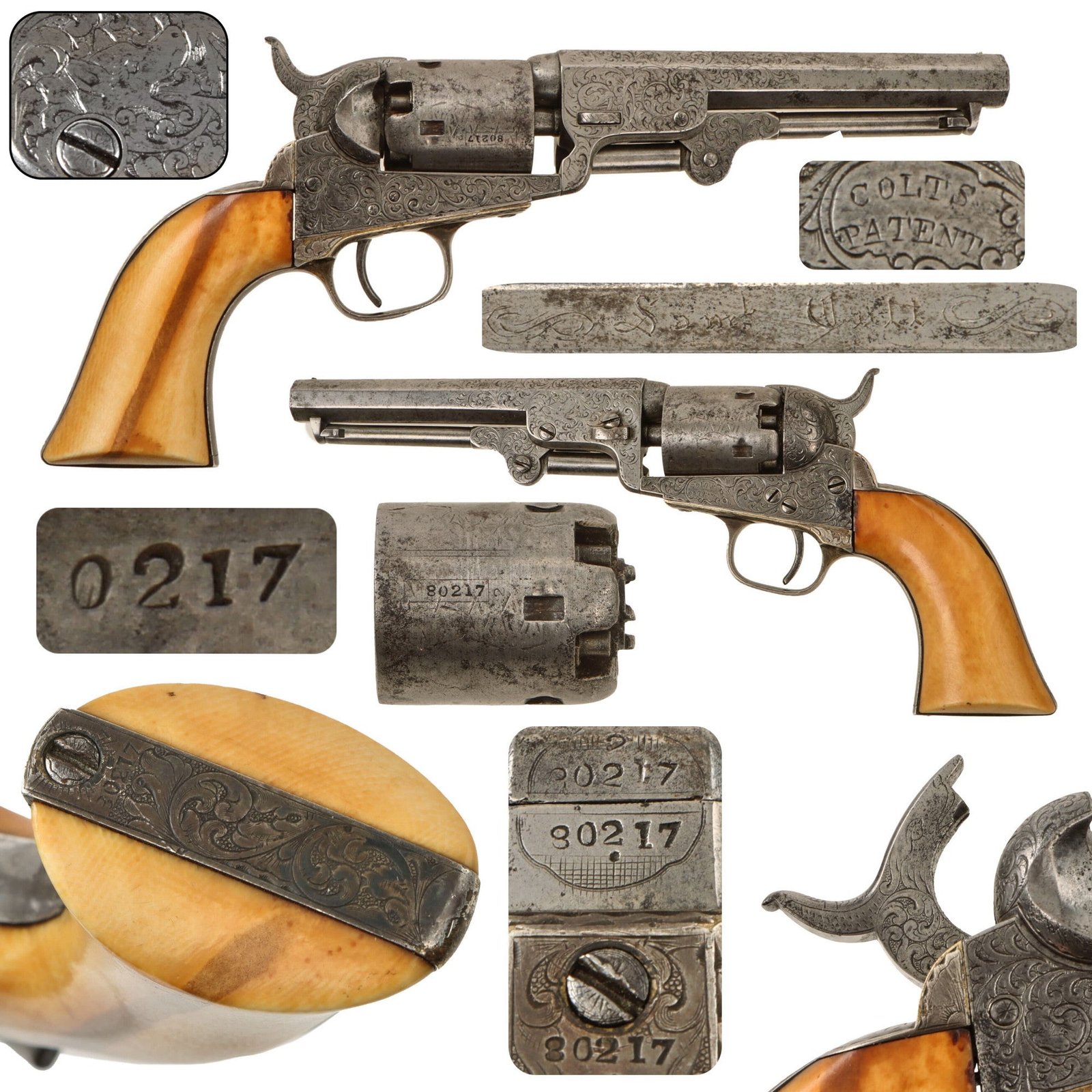 Original U.S. Civil War Era Gustave Young Factory Engraved Colt M1849 Pocket Percussion Revolver Made in 1853 with 5" Barrel and Ivory Grip - Matching Serial 80217