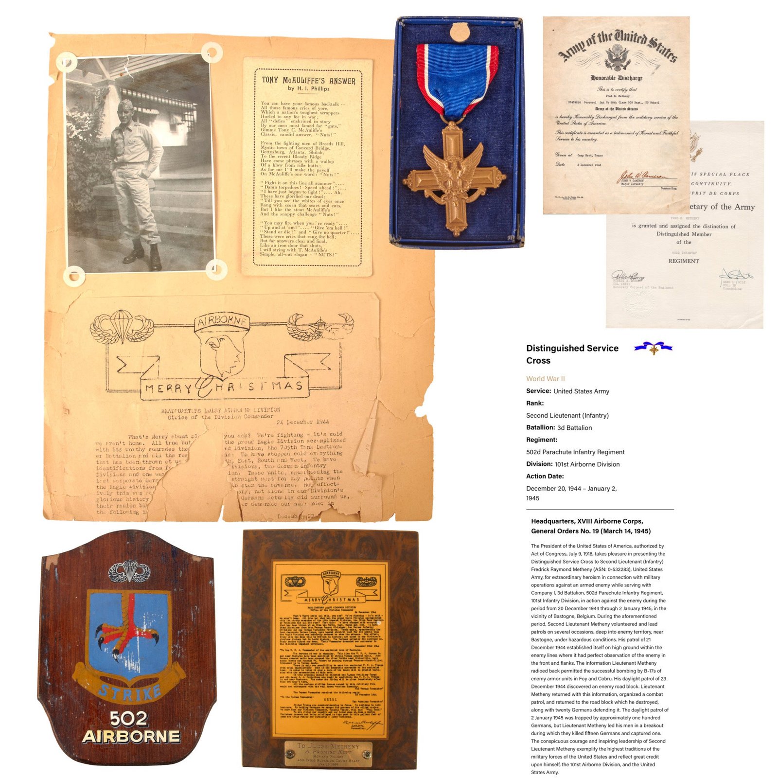 Original U.S. WWII 101st Airborne Distinguished Service Cross Recipient Fred R. Metheny Document & Ephemera Group with Added DSC, Scrapbook Page and Discharge