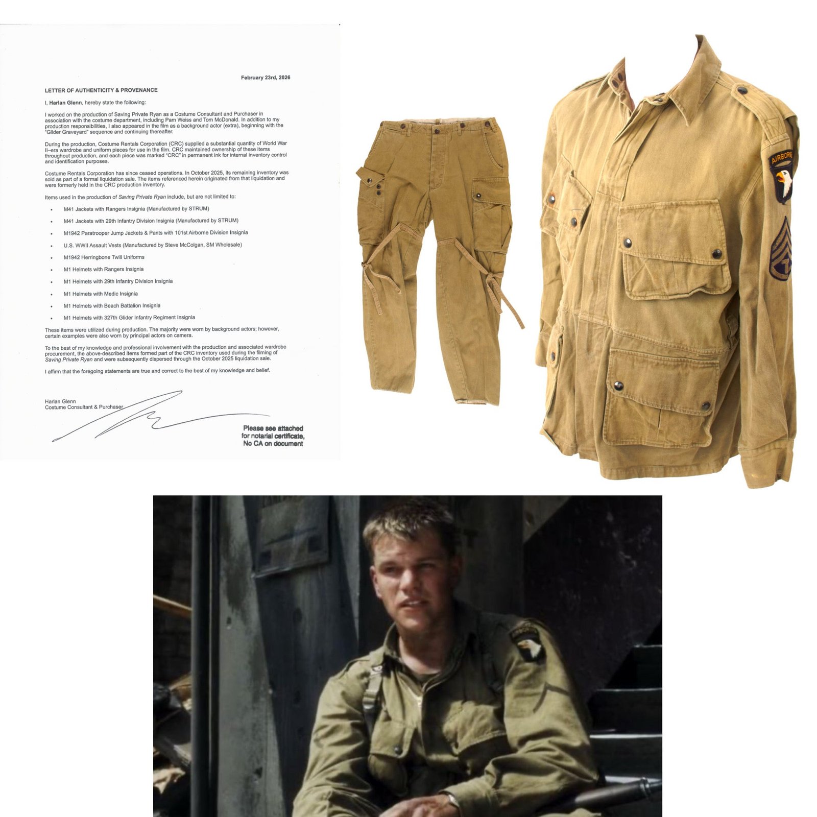 Original Saving Private Ryan Film 101st Airborne M-1942 Paratrooper Jump Jacket & Trousers – Costume – With Copy of Notarized Letter of Authenticity