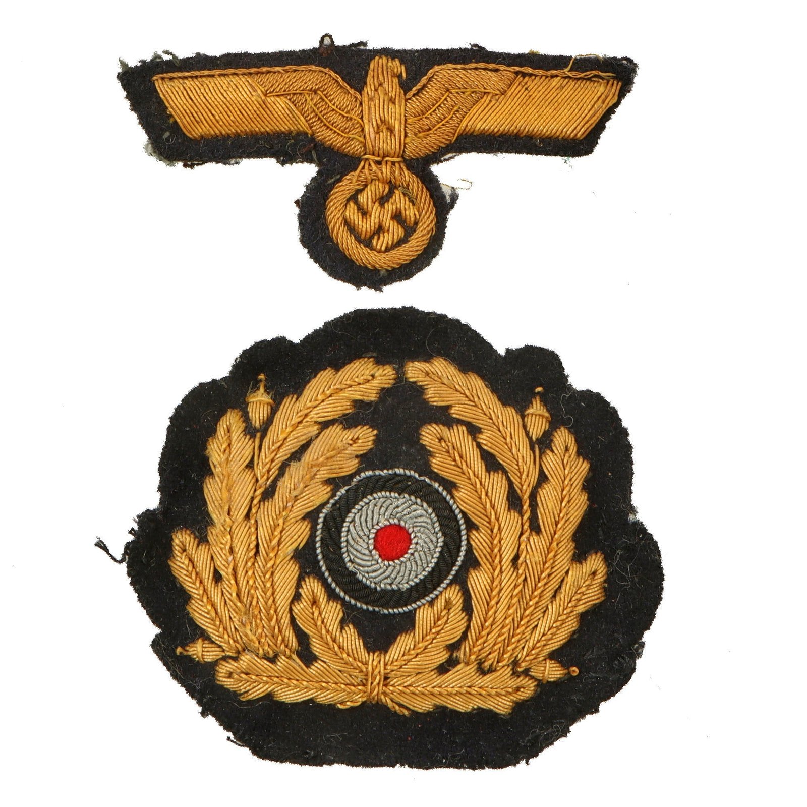 Original German WWII Kriegsmarine Navy Hand Embroidered Visor Cap Insignia Set - Eagle & Wreathed Cockade