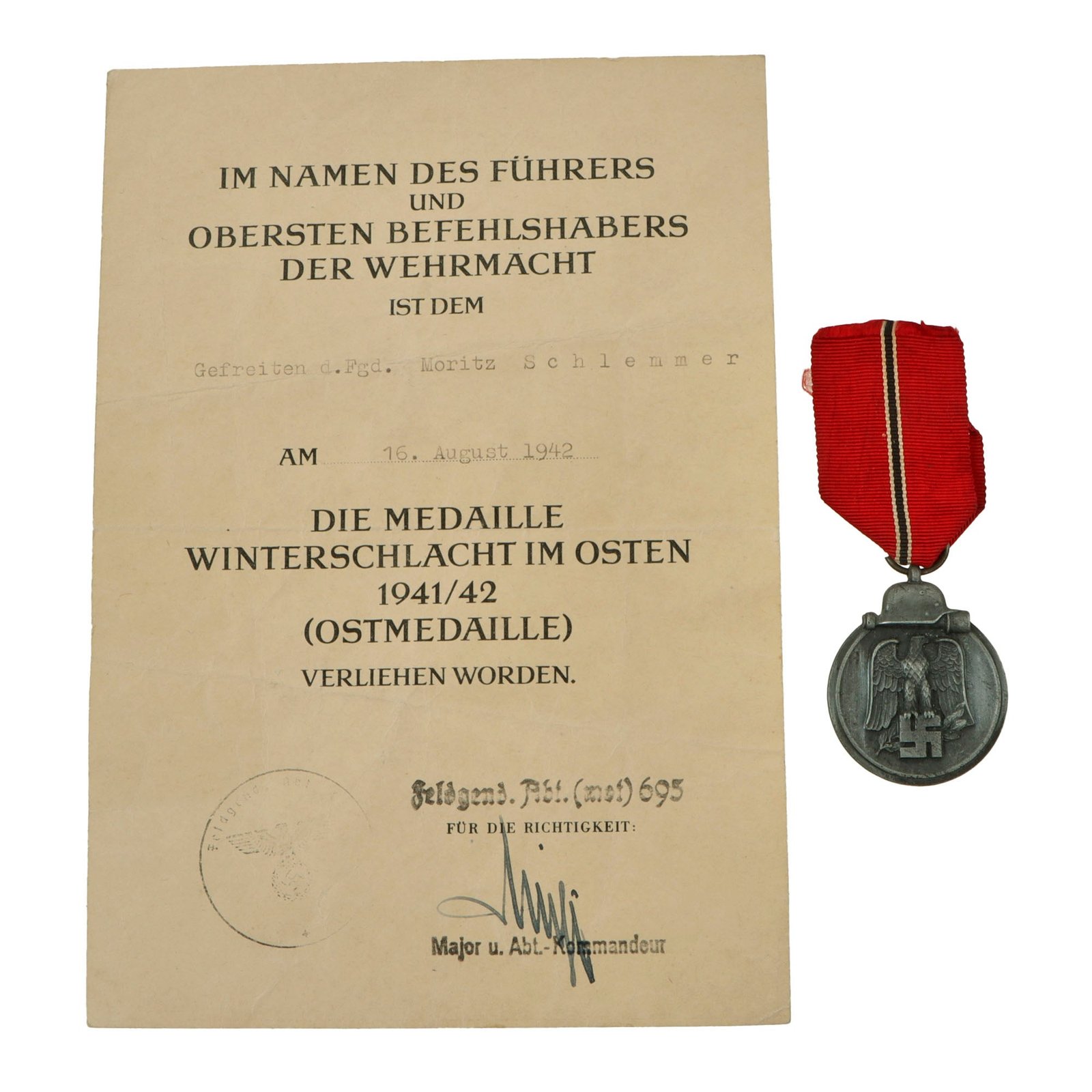Original German WWII Eastern Front Medal with Military Police Named Award Document and Ribbon - Feldgendarmerie