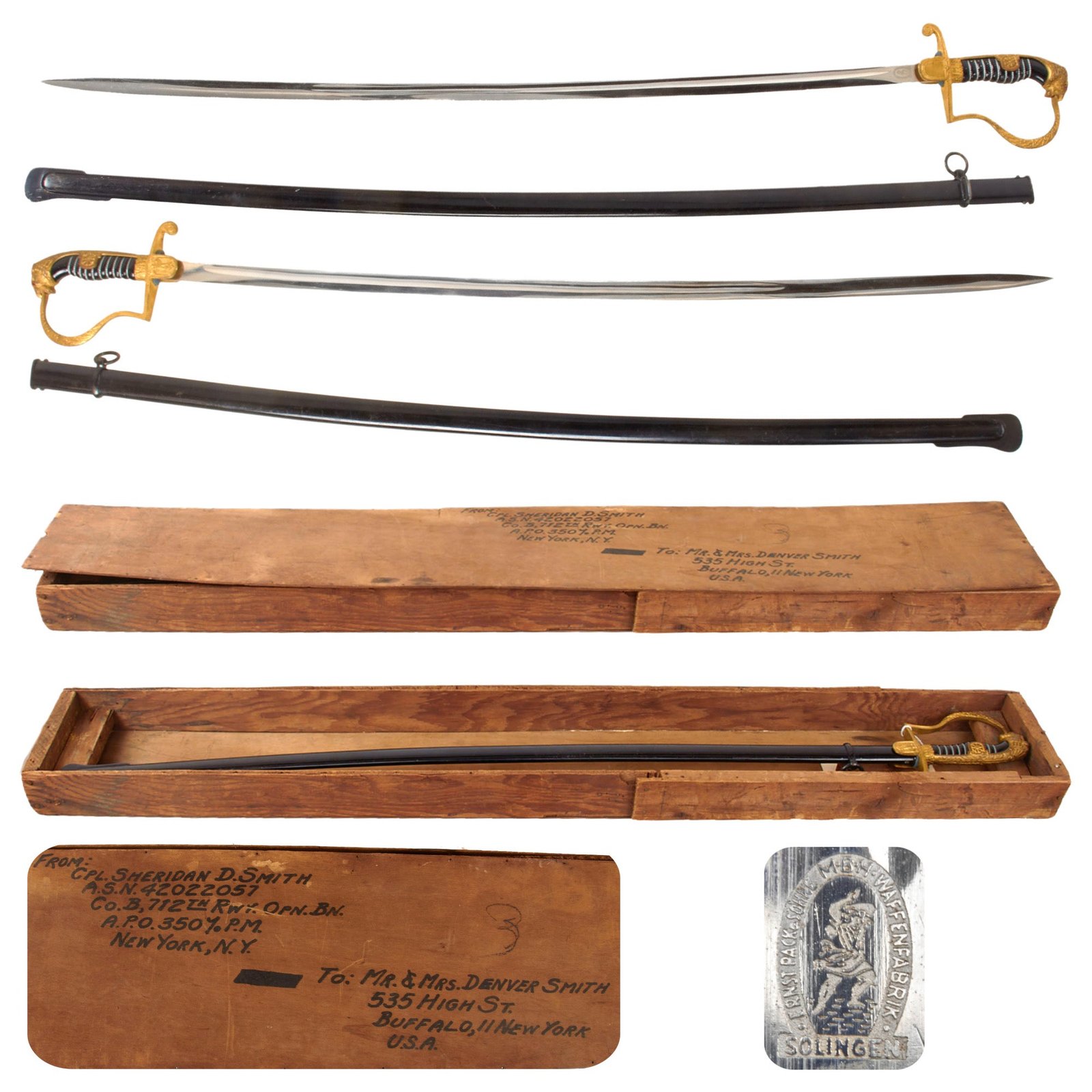 Original German WWII Named USGI Bringback Heer Army Officers Lion Head Sword by Ernst Pack & Söhne in Wooden Shipping Box
