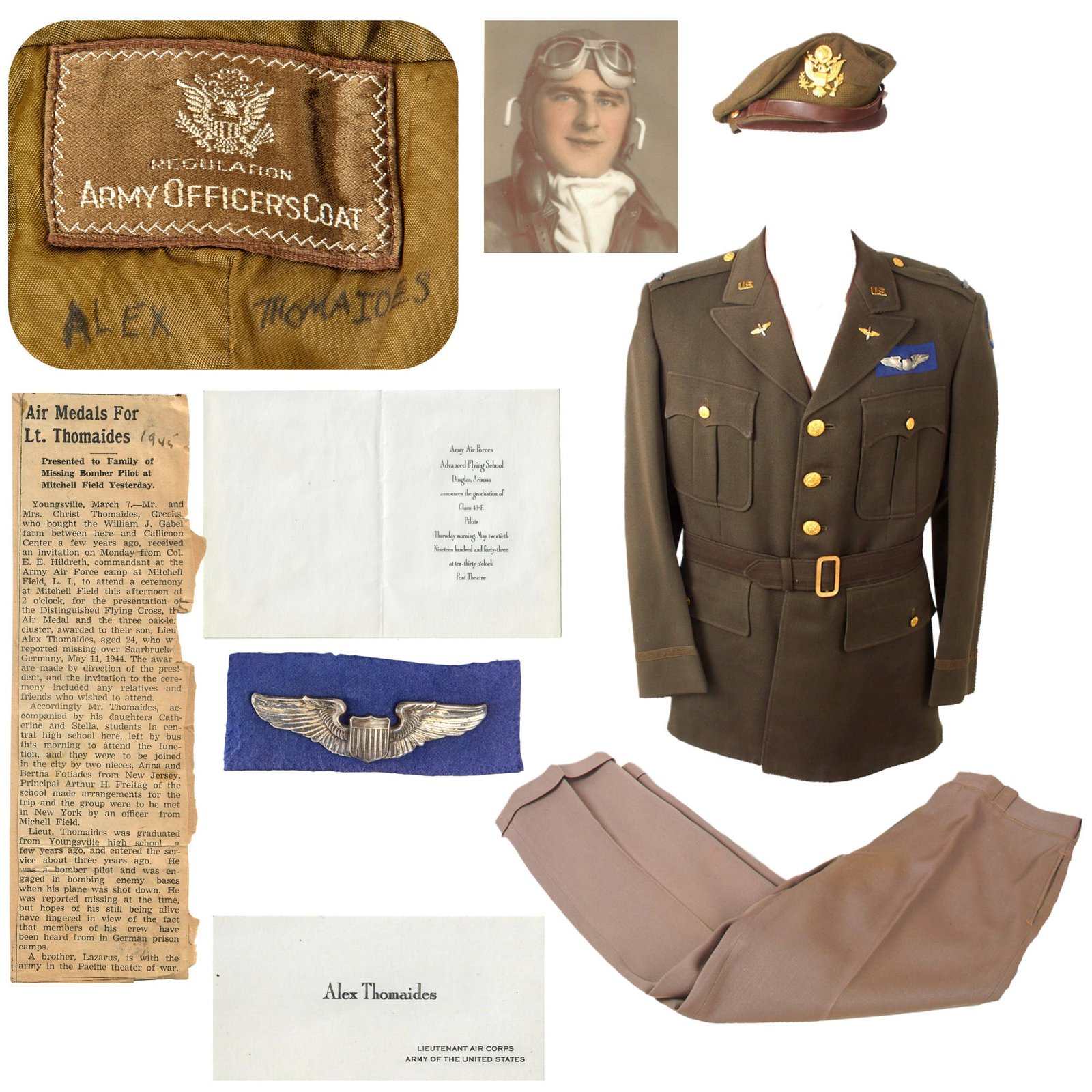 Original U.S. WWII AAF KIA Uniform, Visor Cap, & Trousers of Lieutenant Alex Thomaides, 365th Bomb Squadron, 305th Bomb Group with Binder of Research