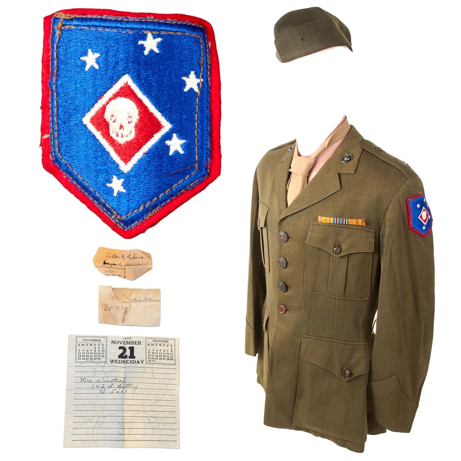 Original U.S. WWII USMC Raider Captain’s Uniform Jacket with “Bloodied” Raider Patch and Notes & Calendar Page in Pocket Dated November 1945