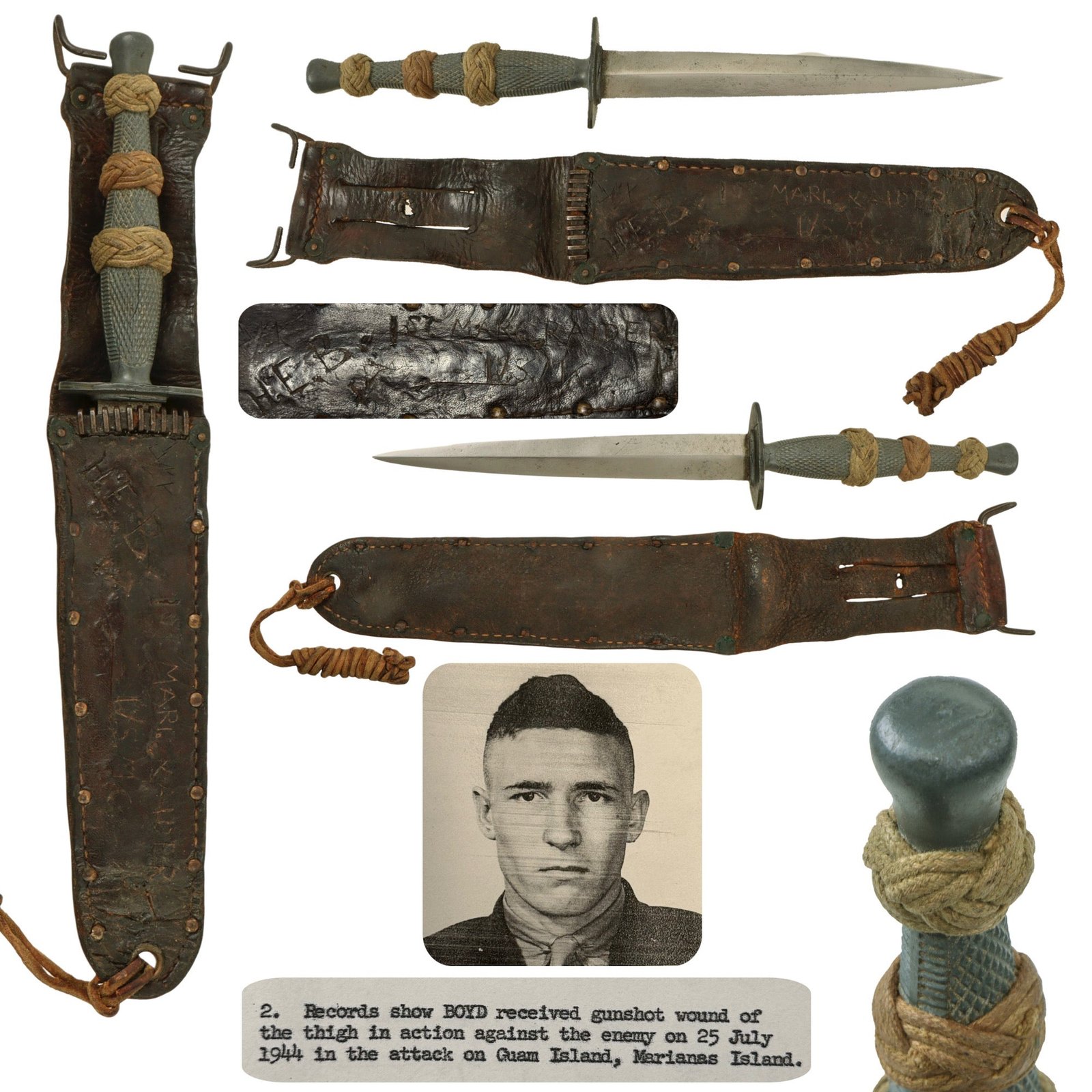 Original U.S. WWII USMC Identified Marine Raider Stiletto Dagger with M6 Sheath & Packet of National Archives Research - Henry E. Boyd, 1st Raider Battalion - Wounded on Guam