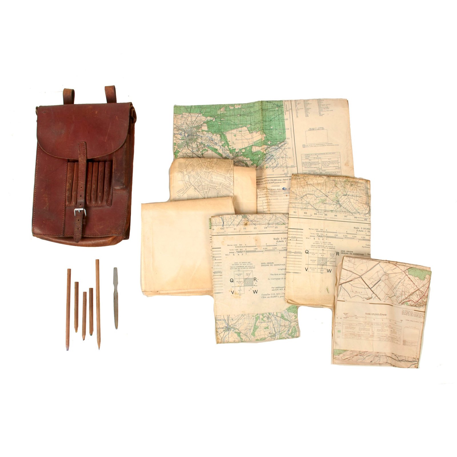 Original German WWII Allied Forces Captured Officer M35 Brown Leather Dispatch Map Case with British and U.S. Maps Inside